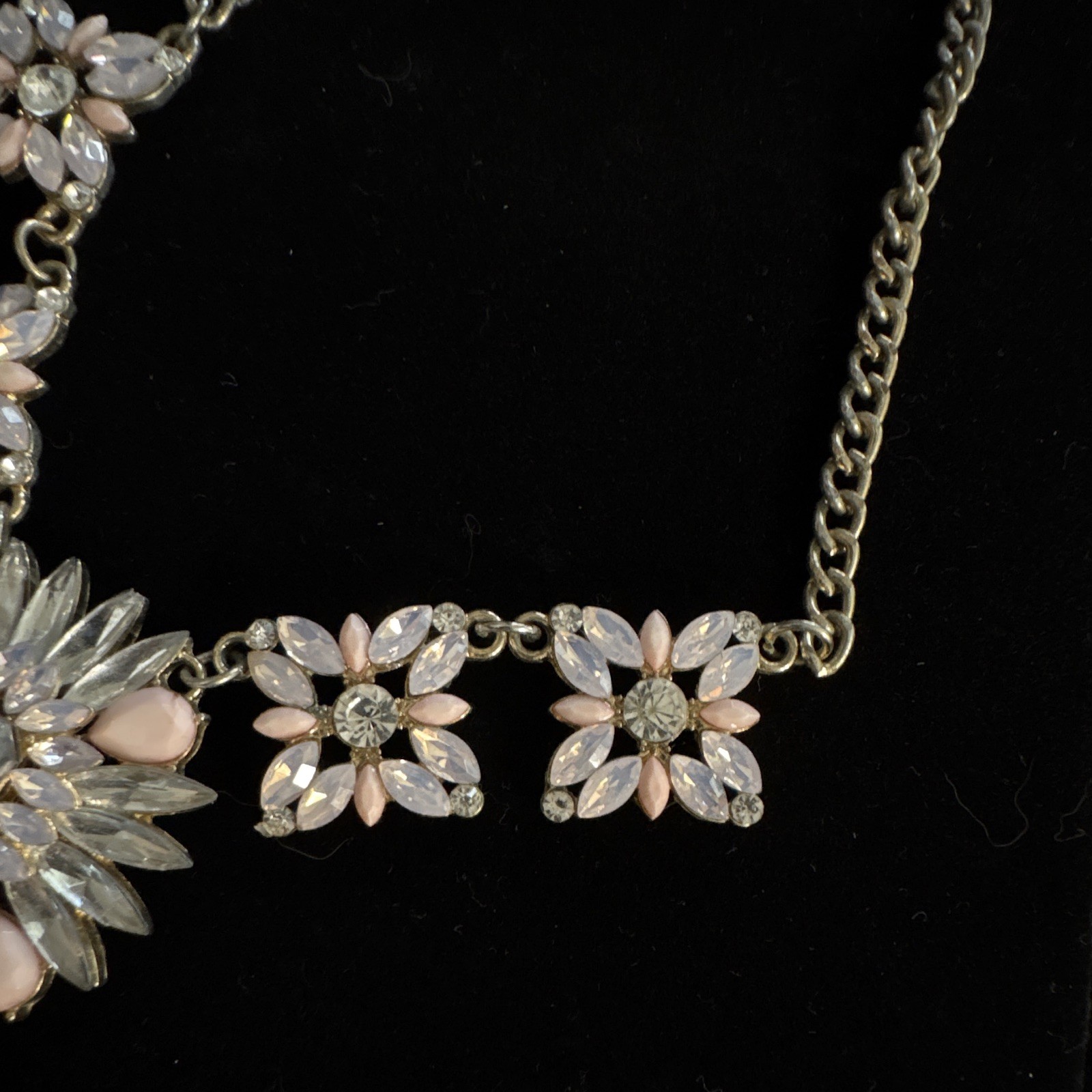 Silver Tone Statement Necklace Pink Floral Pendant Clear Crystal Rhinestone