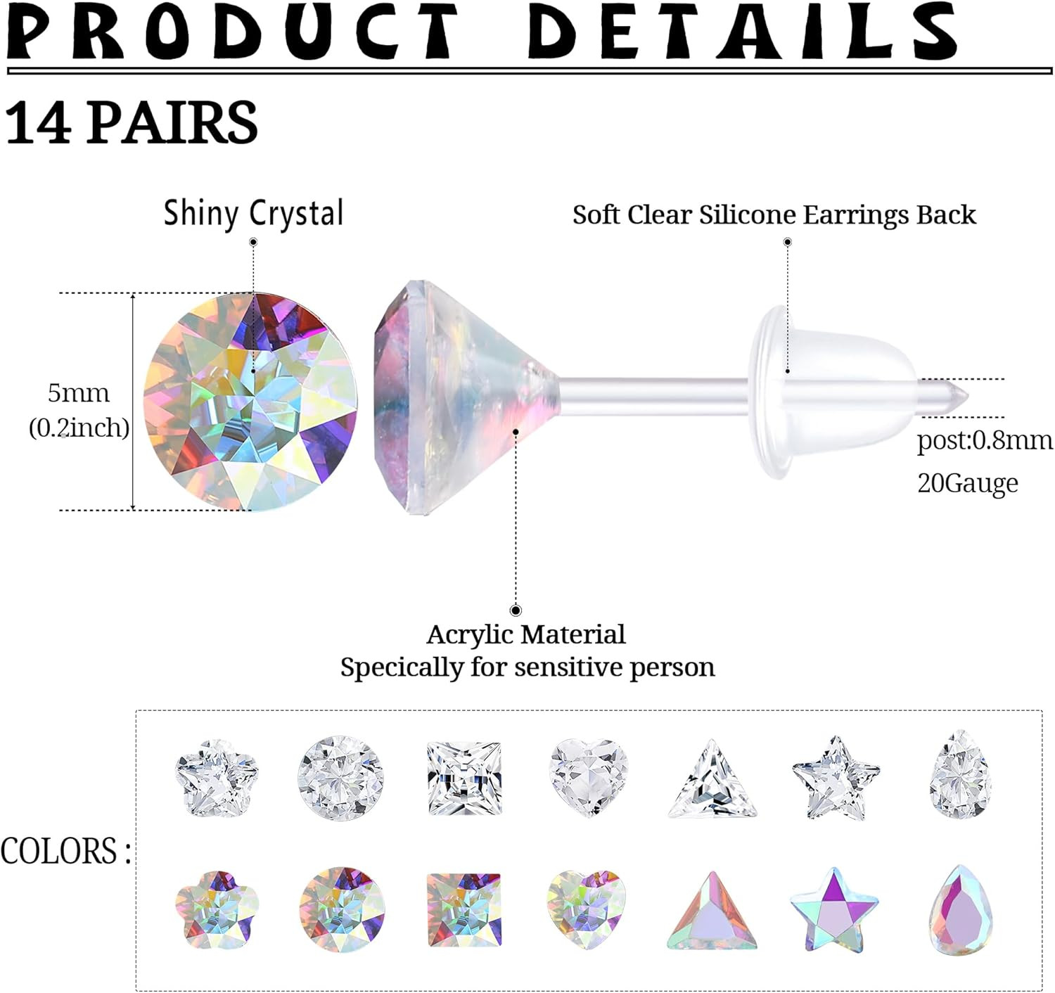 14Pairs Clear Plastic Earrings Stud Earrings for Women Rhinestone Acrylic Stud E