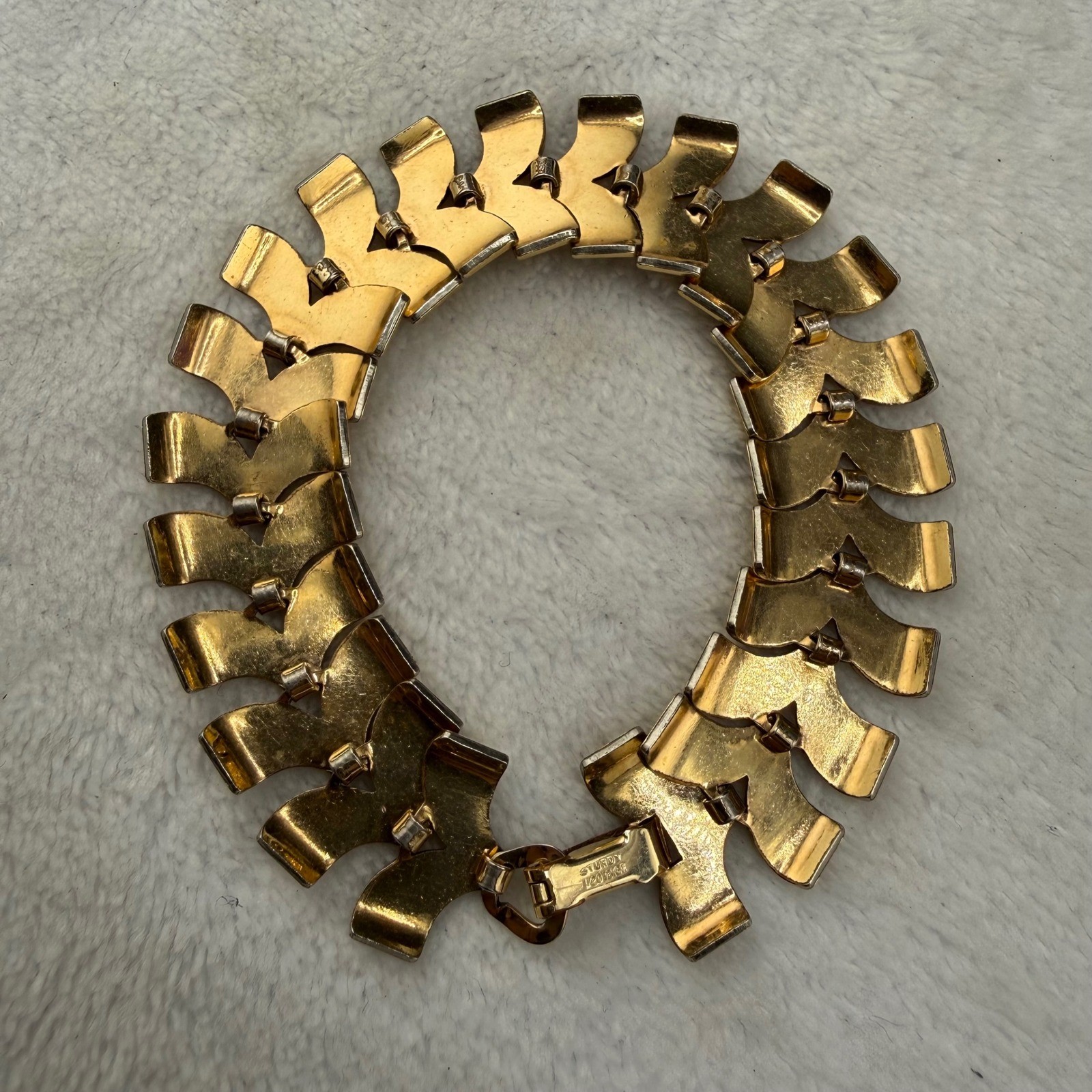 Vintage Sturdy Link Bracelet Gold Filled Chevron Scale Women 6.75in