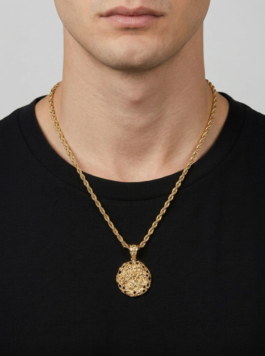Large Gold Nugget Necklace, 5mm French Rope Chain, 14k Heavy Plated Gold