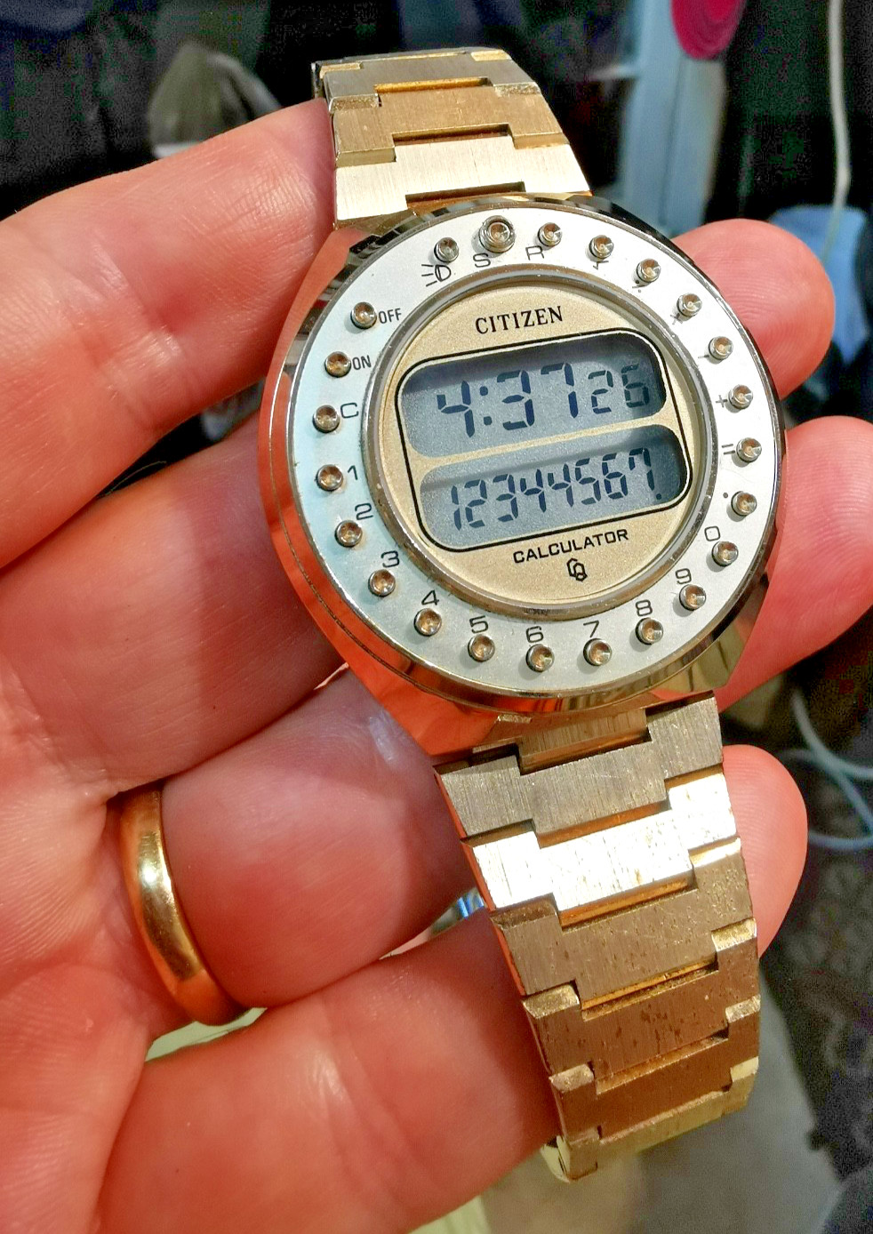 Citizen 59-2021 pinkish/reddish gold calculator round wathc from 1977, works