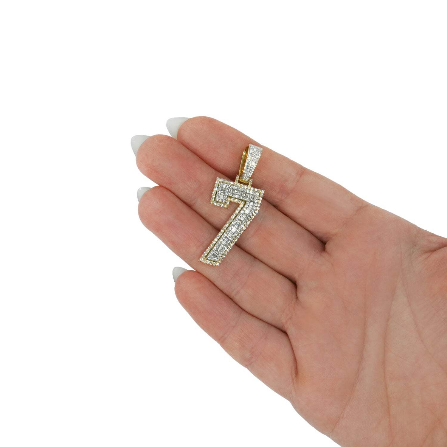 1.33CTW Real Diamond Real 10K Gold Number 7 Pendant Baguette & Round Cut