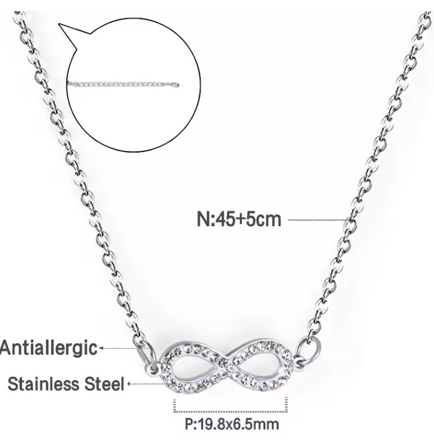 Silver Stainless Steel CZ Infinity Necklace with 45 cm +5cm extender link chain