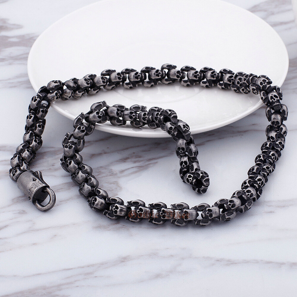 Solid Skull Link Bracelet/Necklace Hypoallergenic Stainless Steel Gunmetal Tone