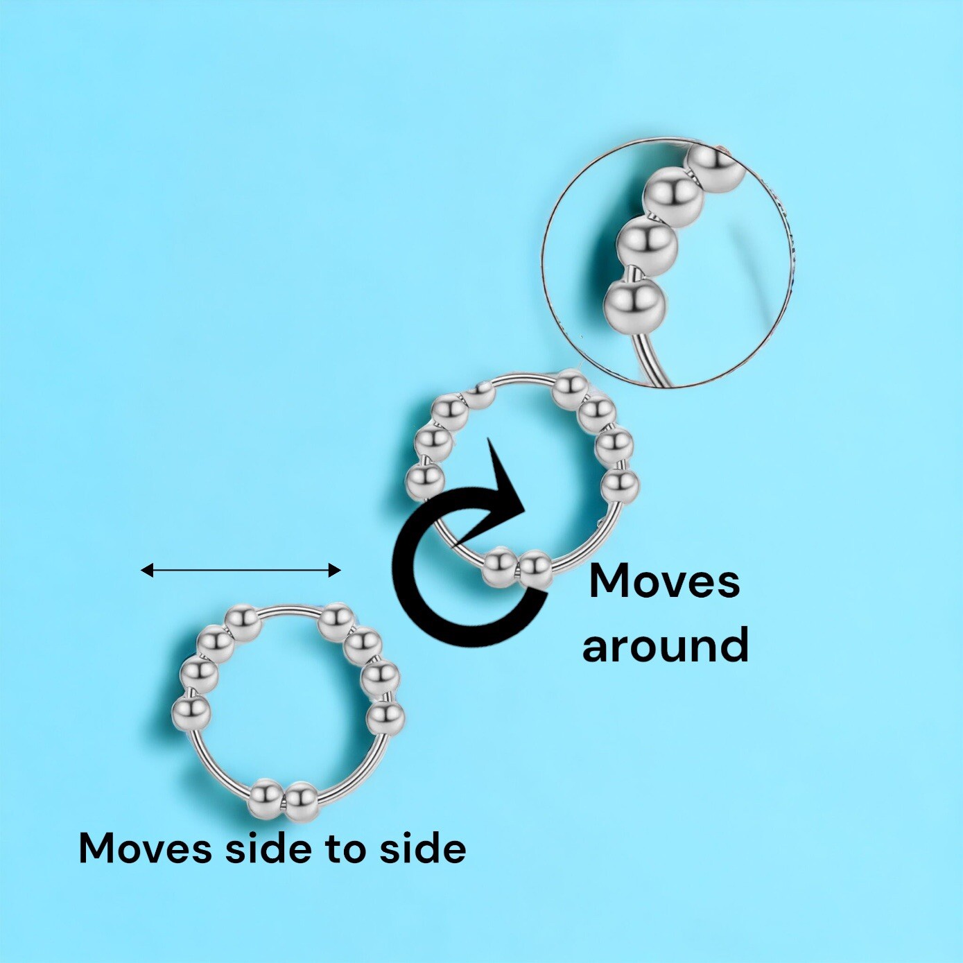 925 Sterling Silver w/ 10 Beads Womens Mens Gift Spinner Fidget Rings 8.75 New