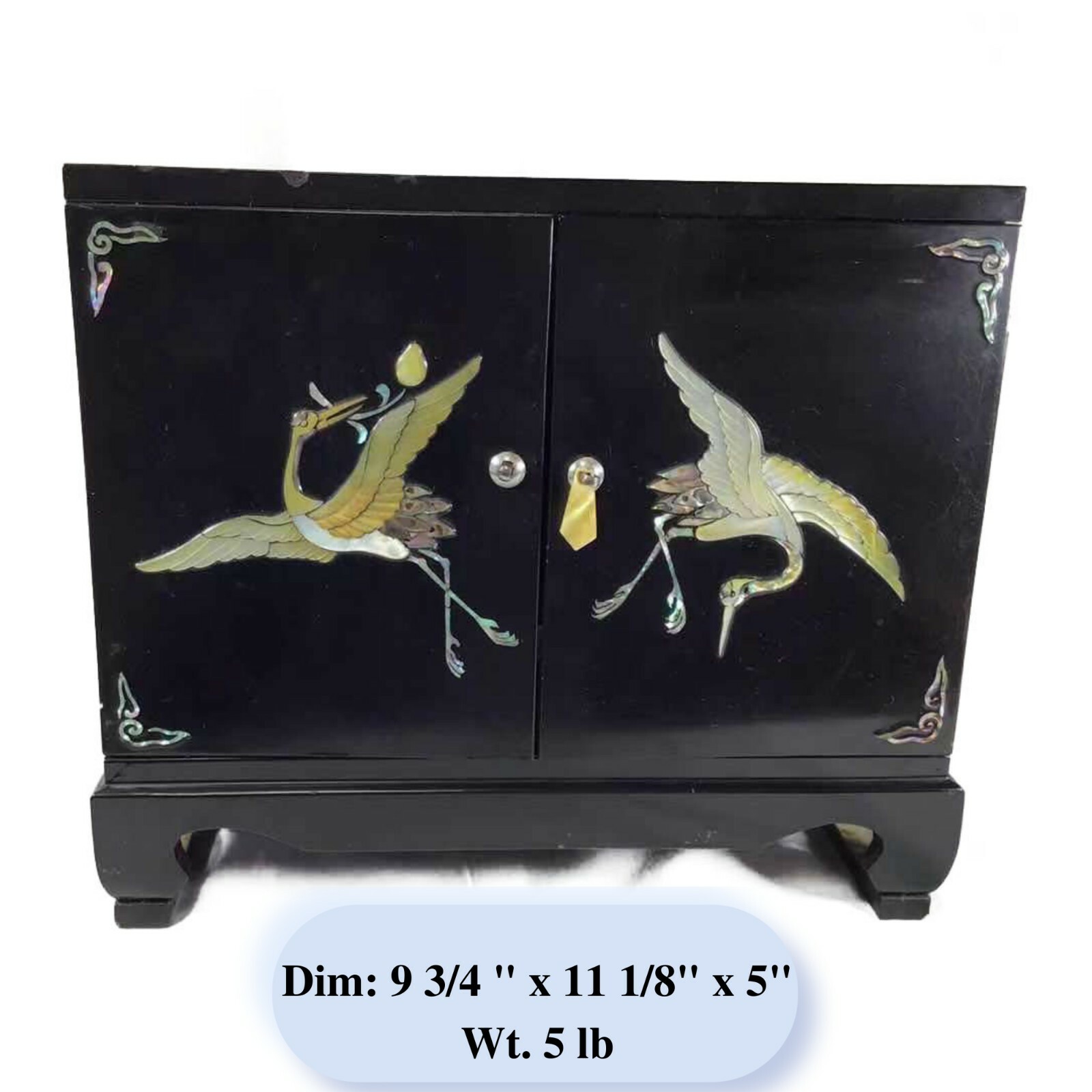 Mid 20th Century Art Deco Asian Decor Jewelry Box With Bird Inlay 9 3/4″ Black