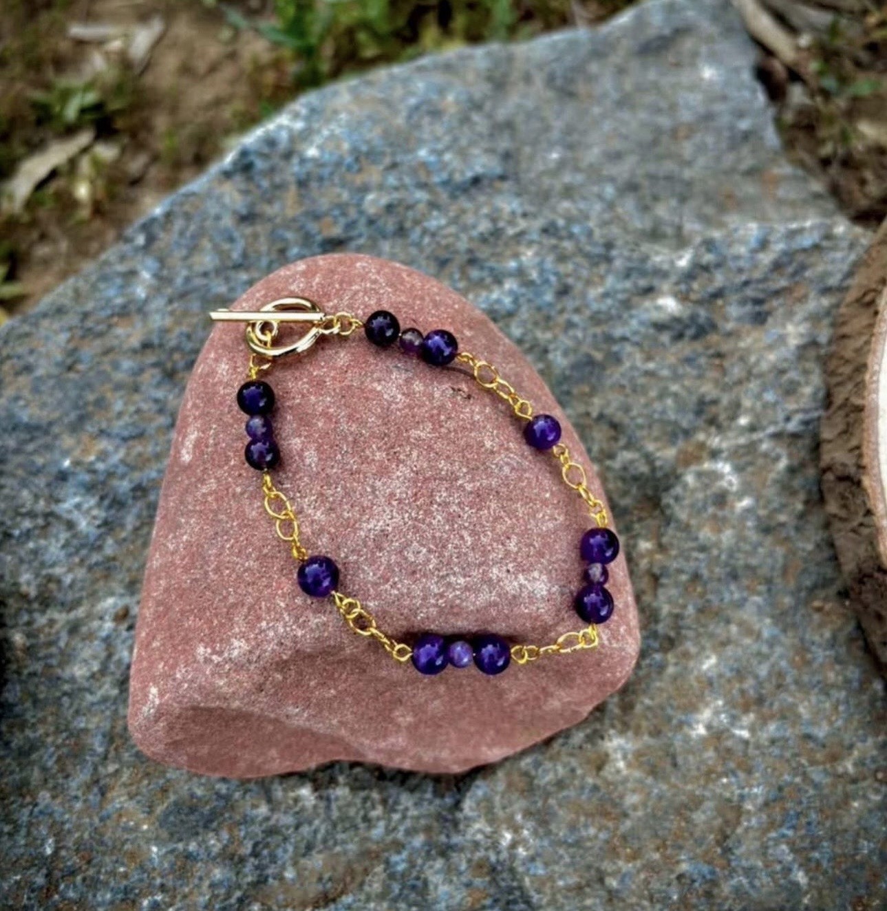Gold Tone Cable Chain Toggle Bracelet w/ Round Amethyst Stones, Dangle Charm