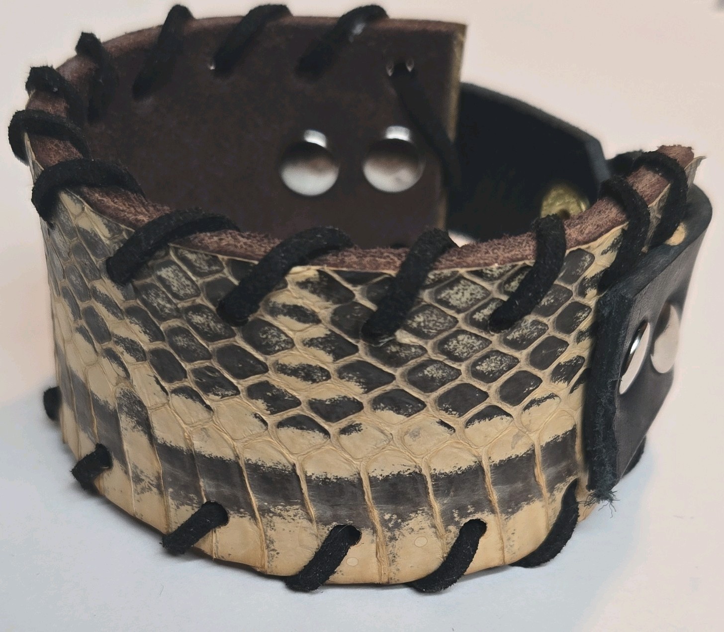 Real Snakeskin / Leather Wide Cuff 9inches Bracelet, Black Lace, Snap Closure