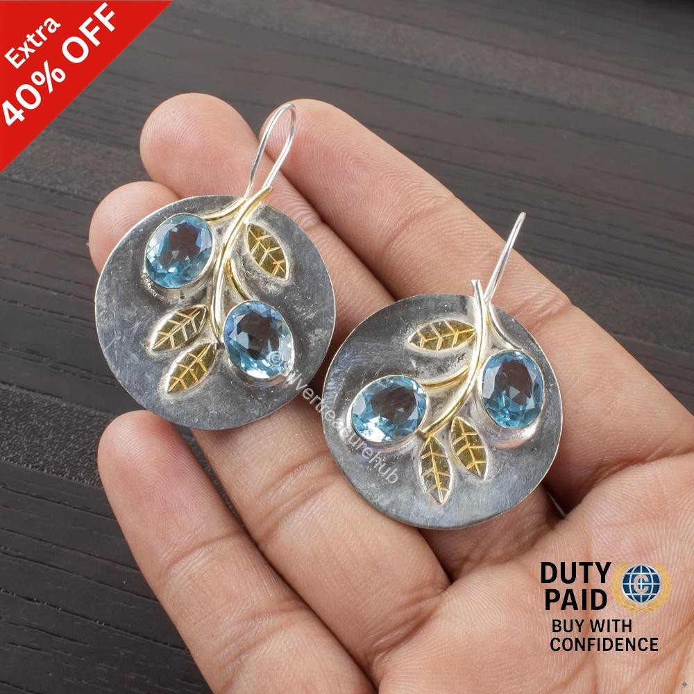 Natural Sky Blue Topaz 925 Sterling Silver Dangle Drop Mother Trendy Earrings