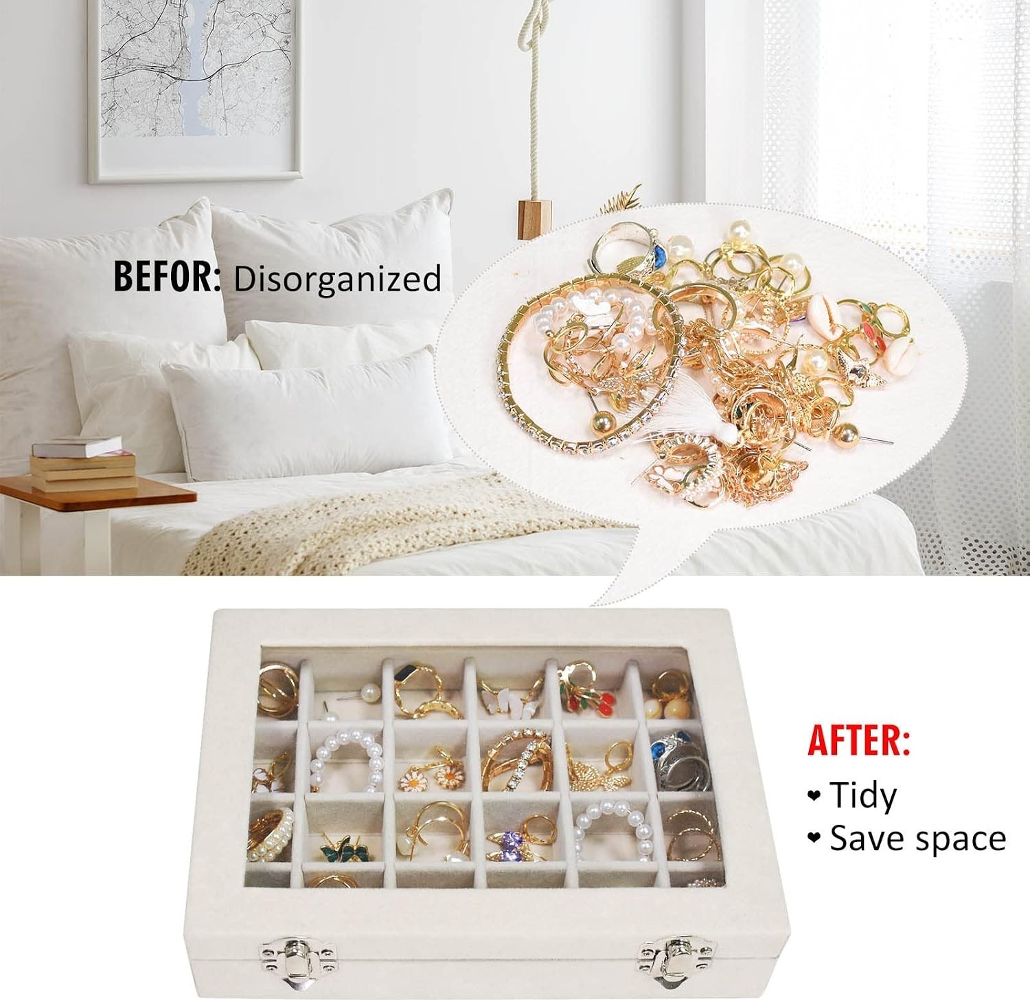 Portable Velvet Jewelry Box with Glass Lid – 24-Grid Holder for Accessories