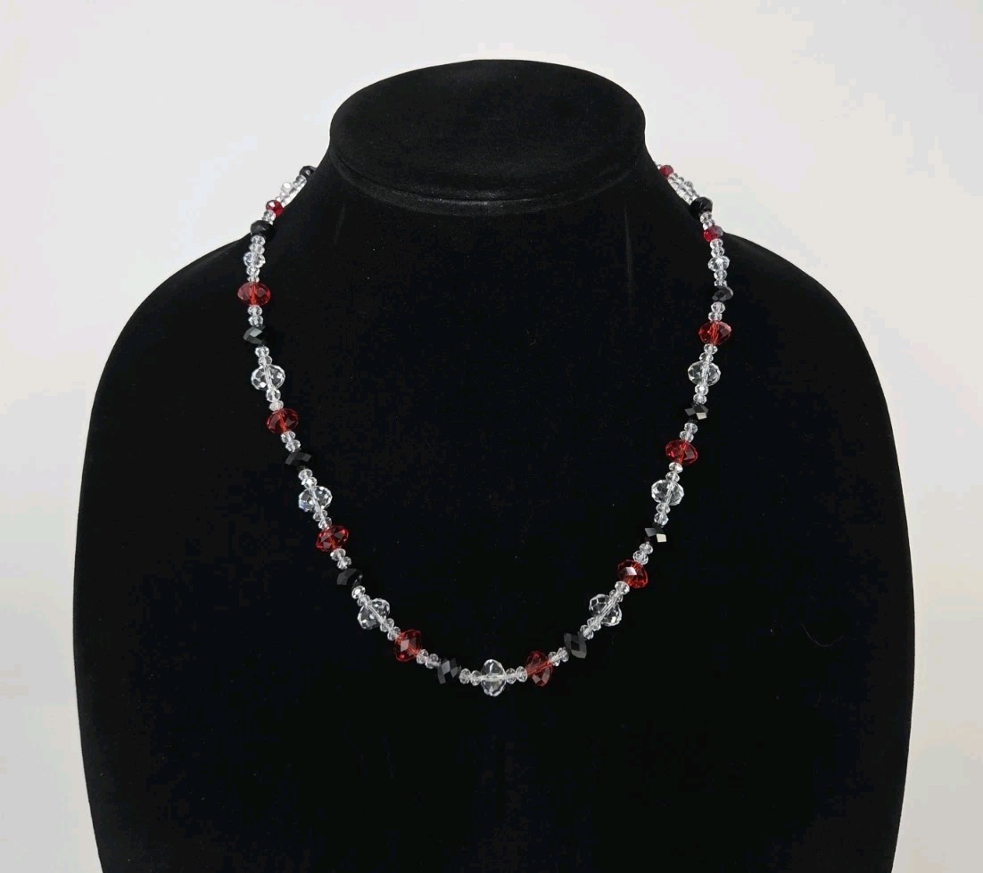 Red, Black, Clear Faceted Crystal Beaded Necklace 21 Inches Toggle Clasp Vintage