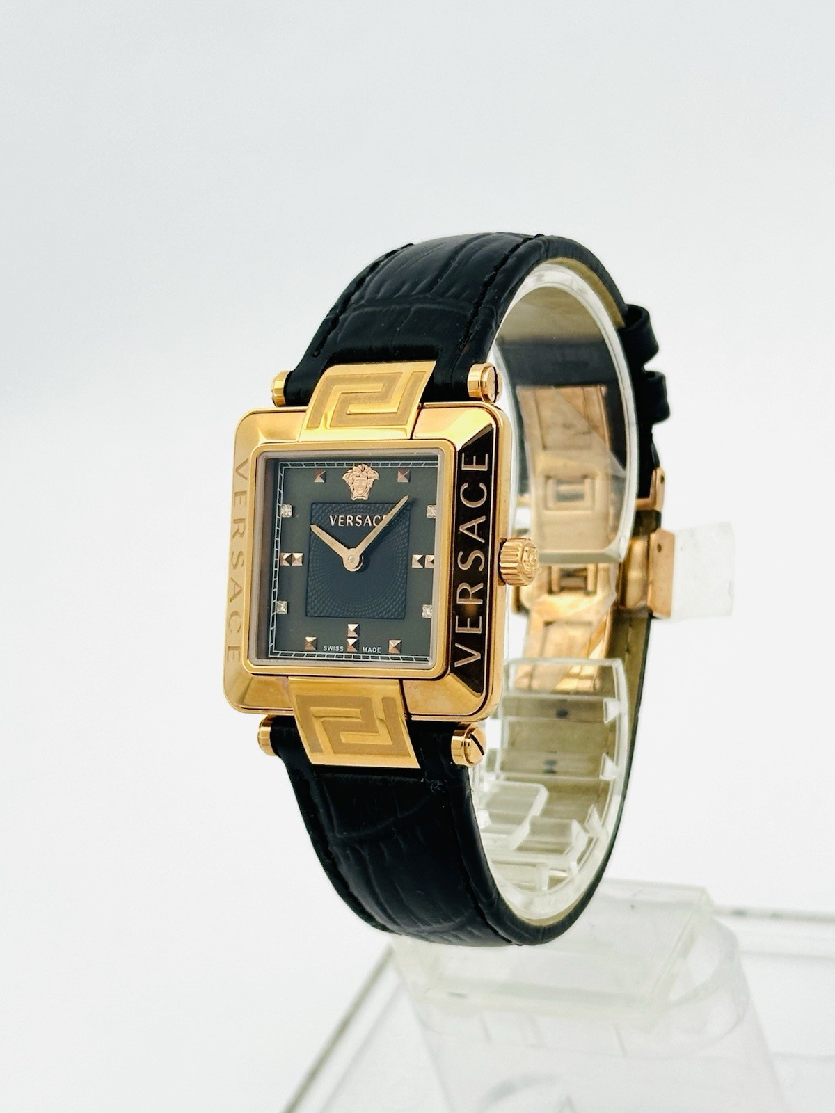 Versace Women’s 88Q80SD008S009 Rêve Carré Diamonds Black Leather Strap Watch 88Q