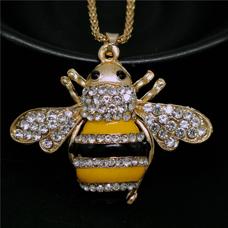 New Fashion Women Yellow Enamel Cute Bee Honey Crystal Pendant Chain Necklace