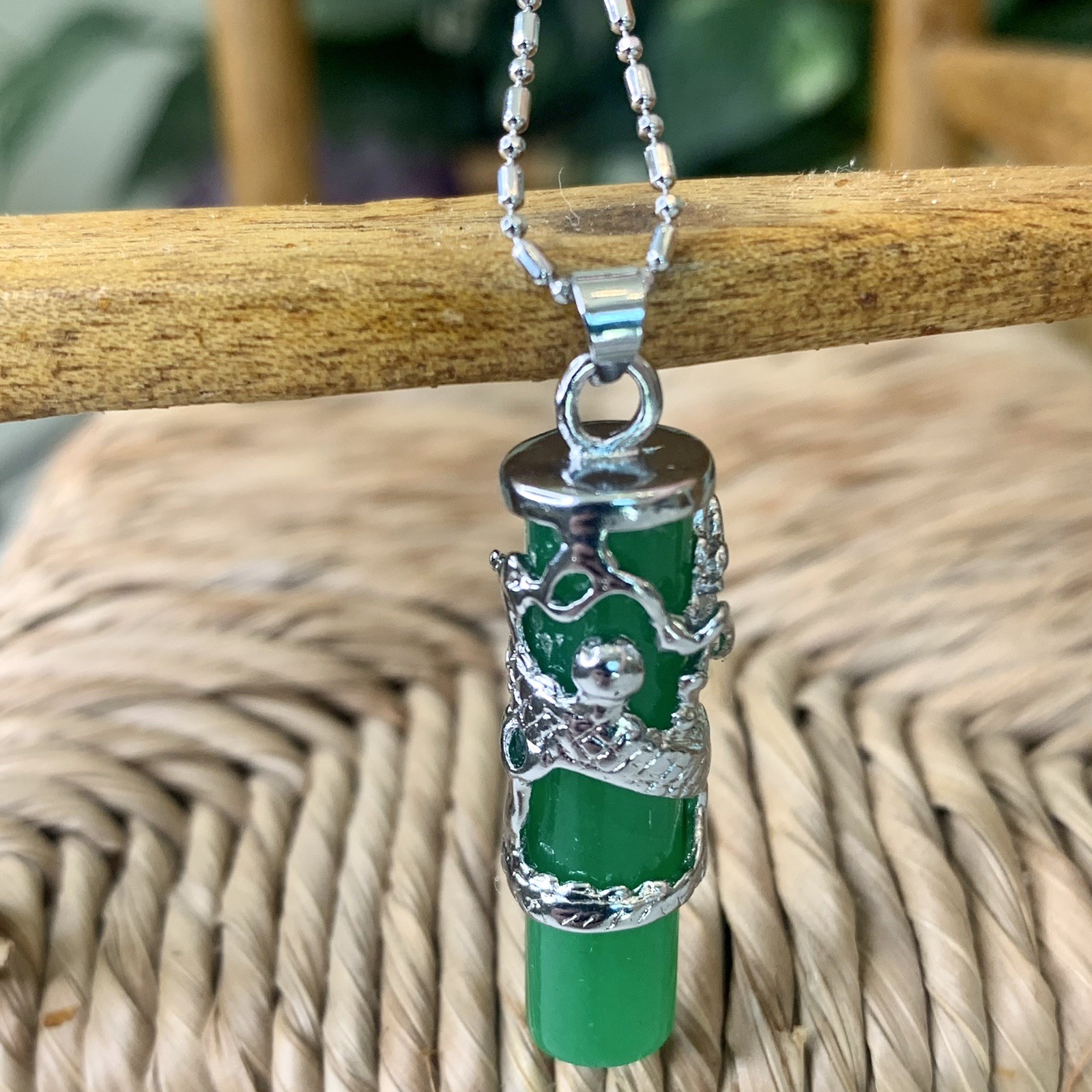 Dragon Coil Green Jade Pillar Men Women Column Pendant Chain Necklace 18KWGP 16″