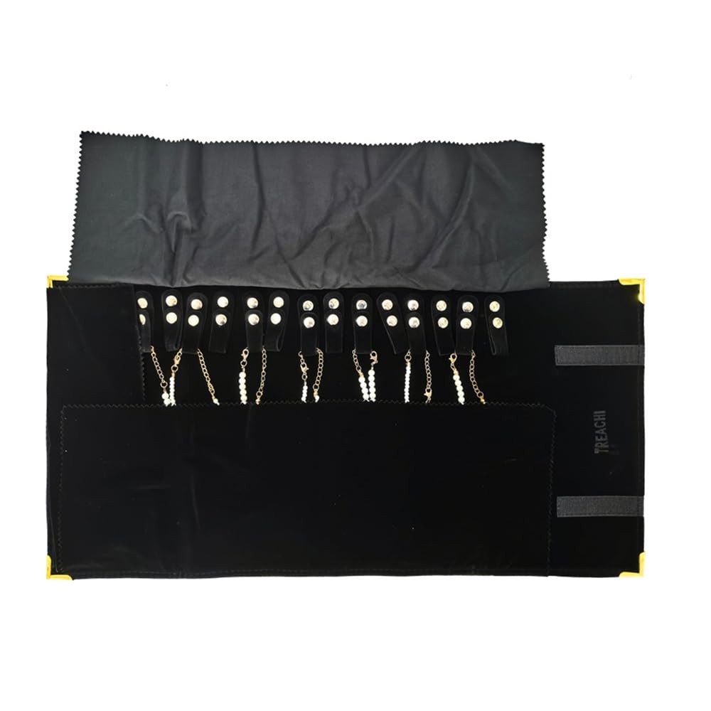 Portable Jewelry Roll Metal Coner Bag Necklace Chain Braclet Black Velvet Travel