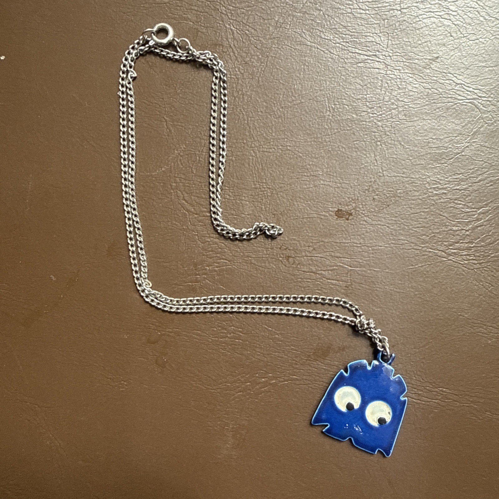 Vintage PAC Man Video Game Blue Ghost Necklace
