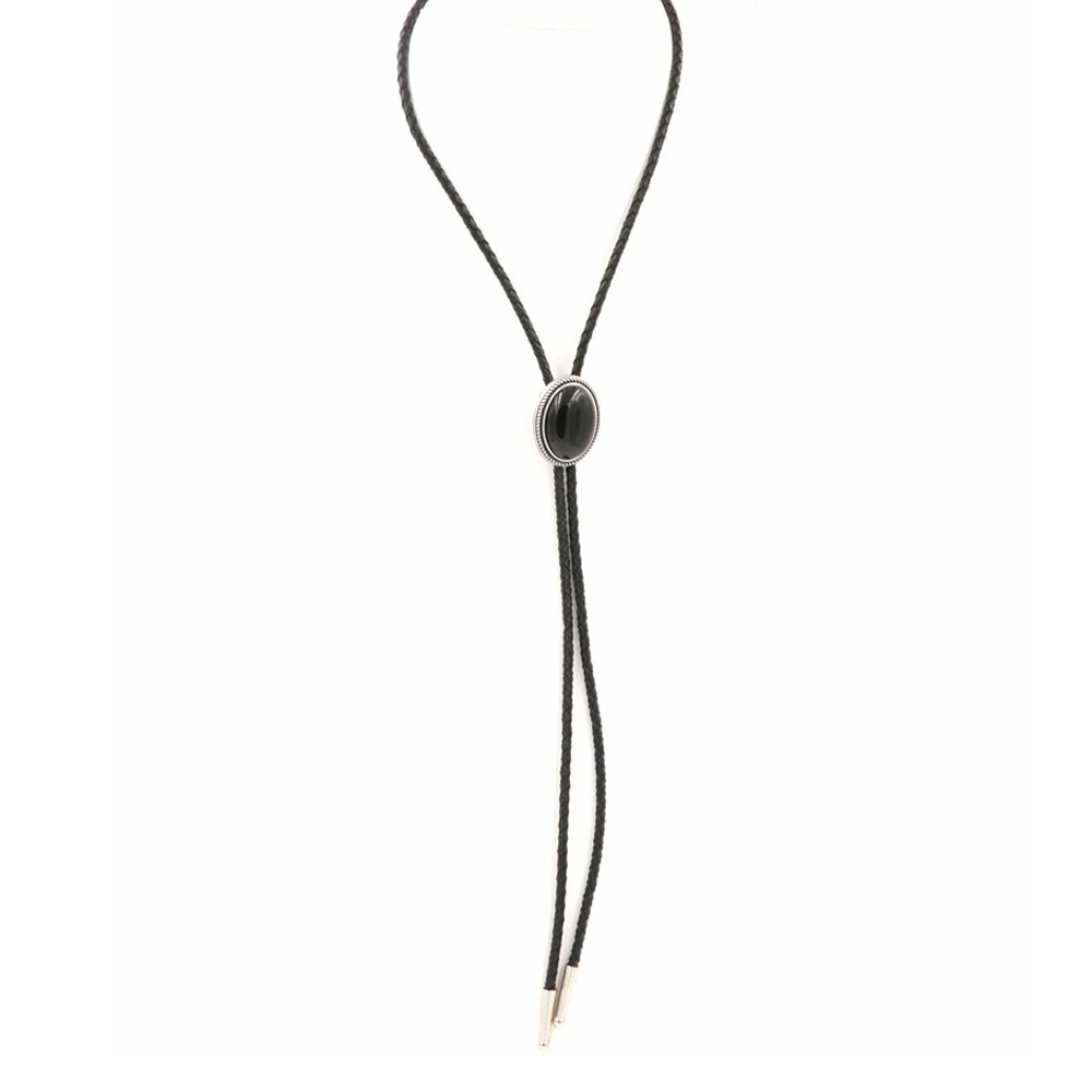 Hand Made Natural Black Stone Western Cowboy Leather Bolo Neck Tie Zinc alloy