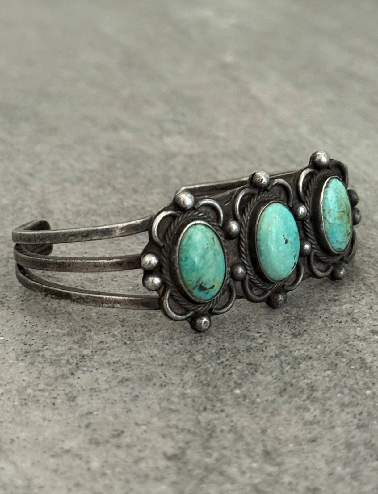 OLD Vintage Native American Navajo THREE Turquoise Silver Bracelet 6.3 in