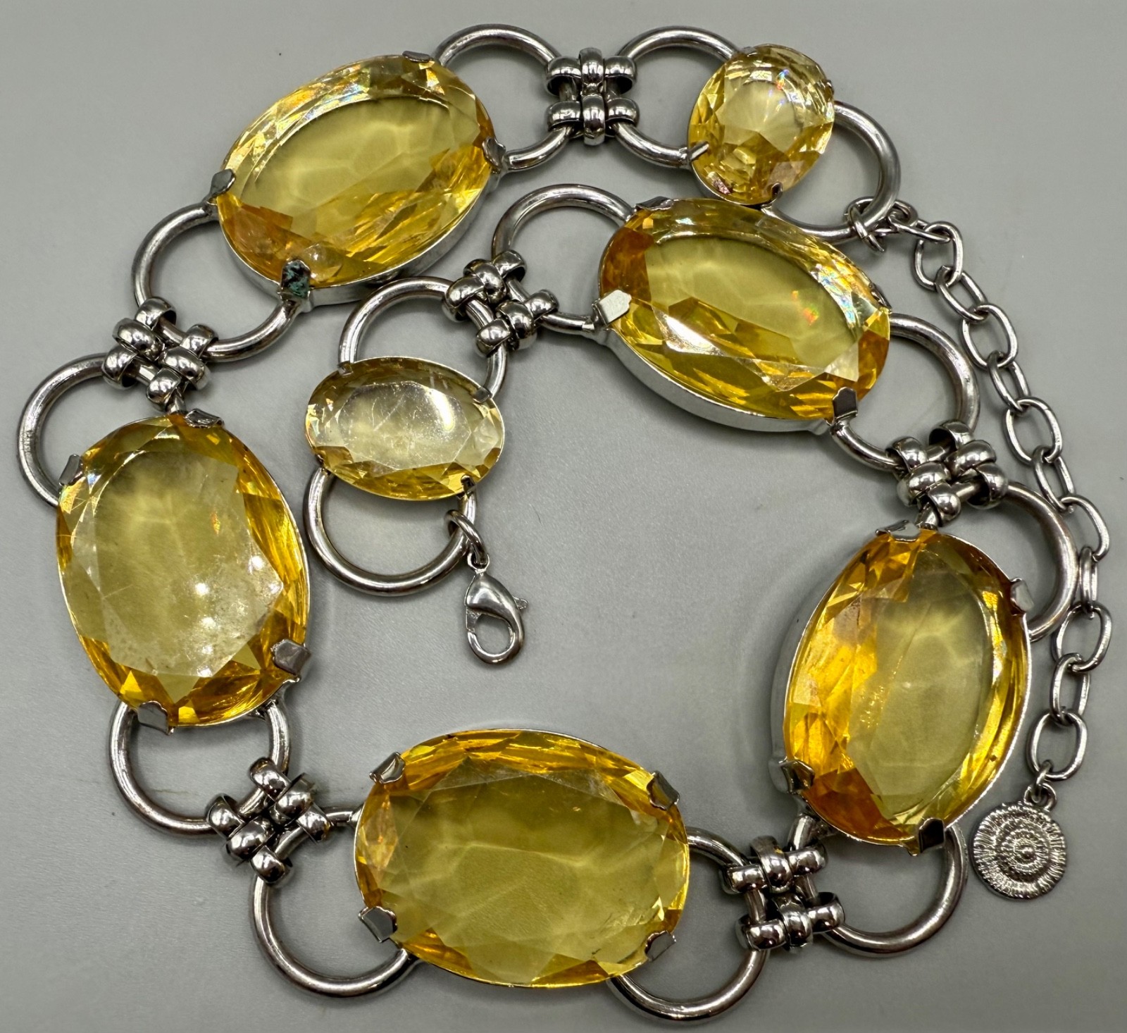 GRAZIANO SIGNED FAUX CITRINE LUCITE LARGE SILVER TONE NECKLACE 21″ STATEMENT