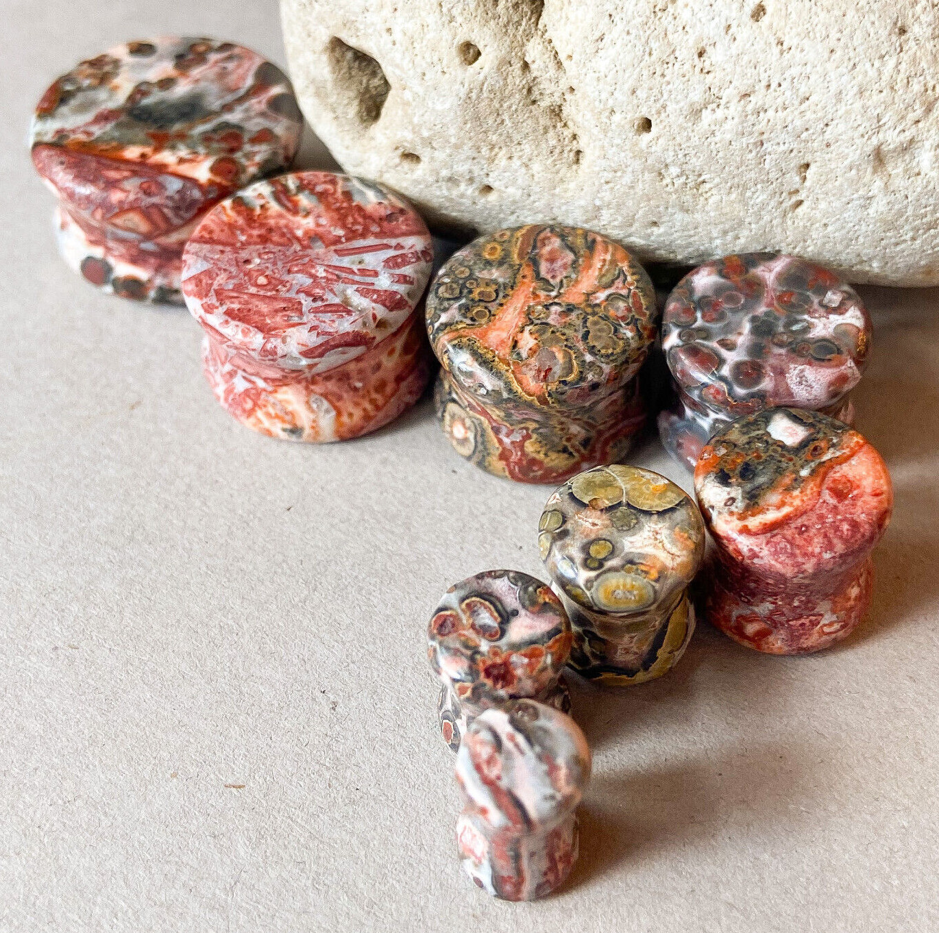 PAIR Natural Leopard Jasper Stone Double Flare Plugs Organic Gauges