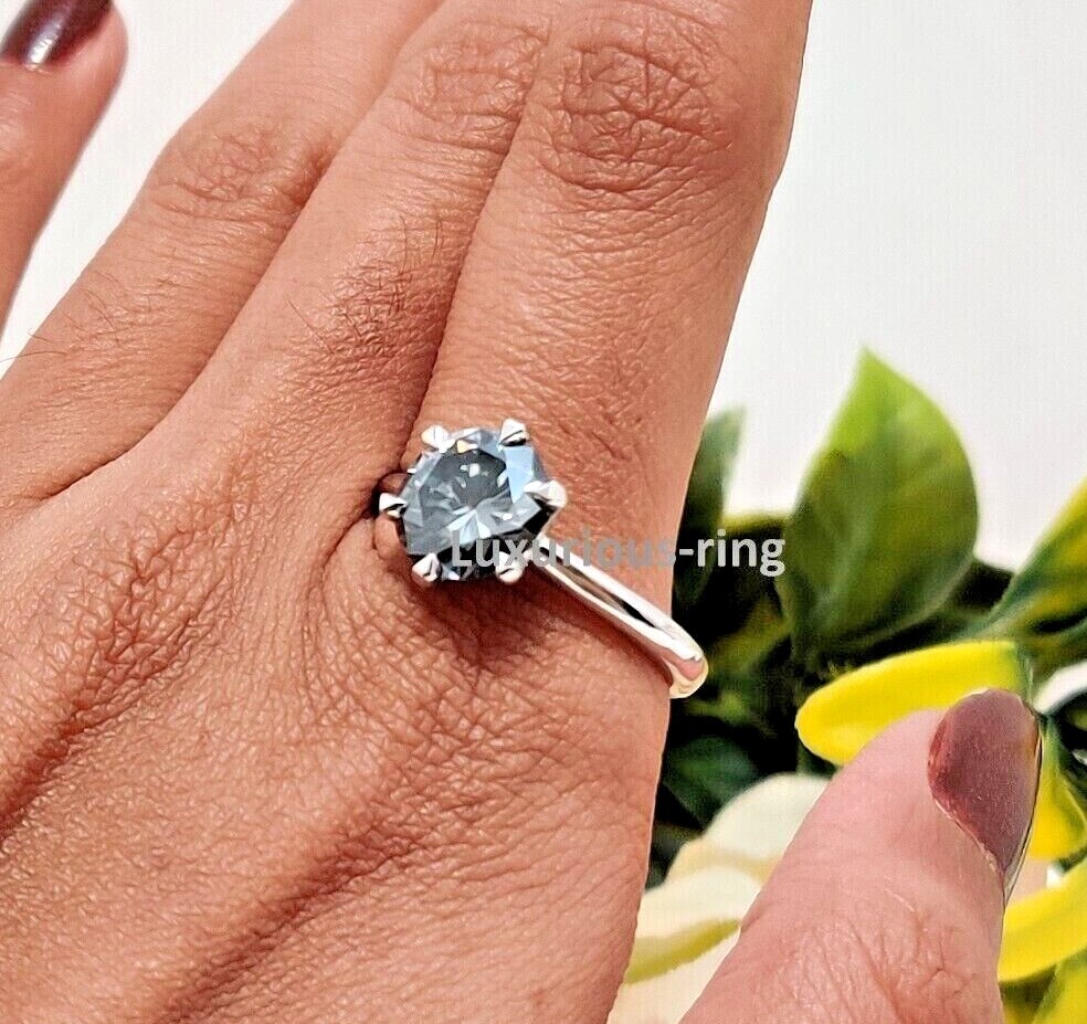 925 Starling Silver Anniversary Ring, 1.60 Ct Round Cut Grey Moissanite Ring,