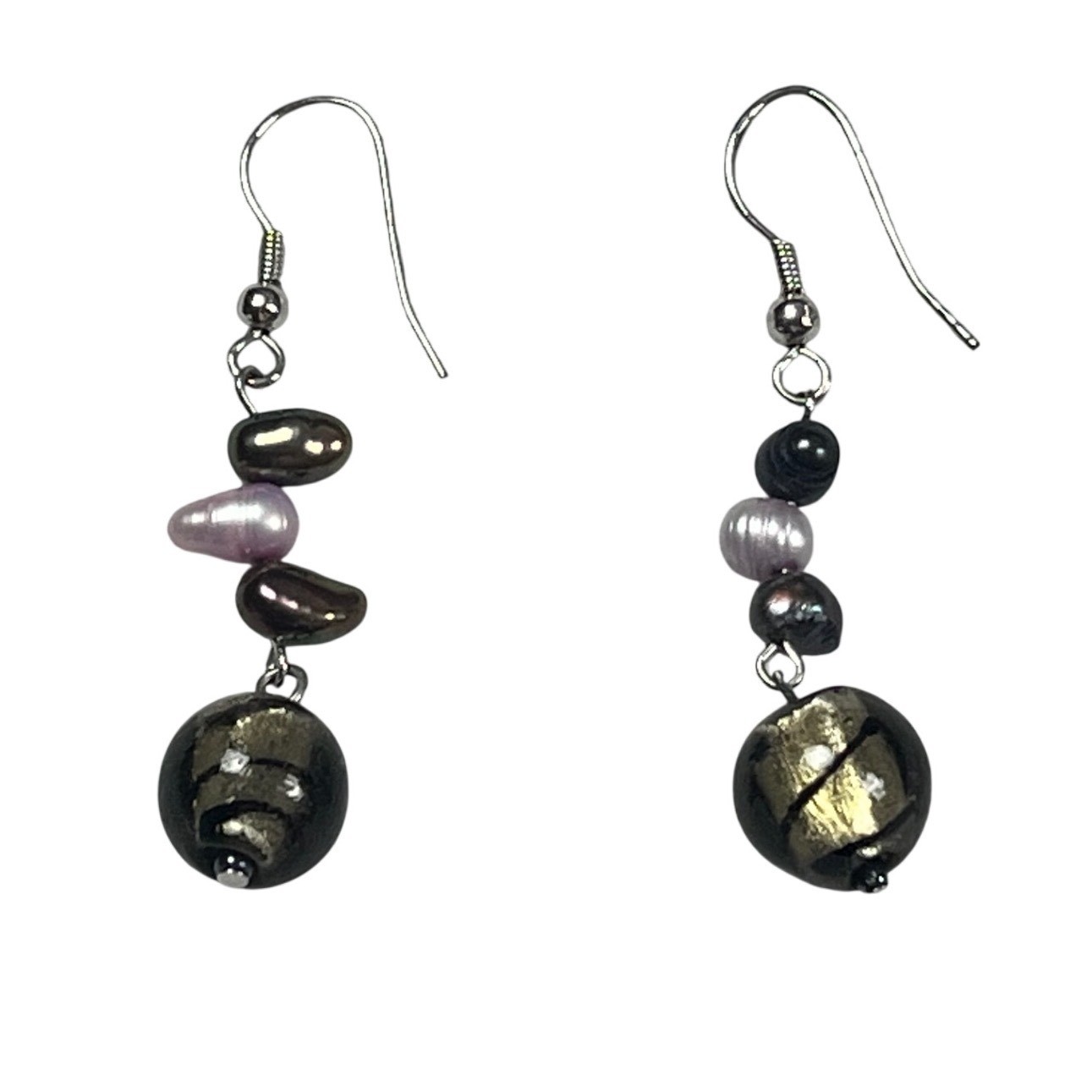 Handmade Freshwater Pearl & Gold Foil Lampwork Glass Drop Earrings Bronze Mauve