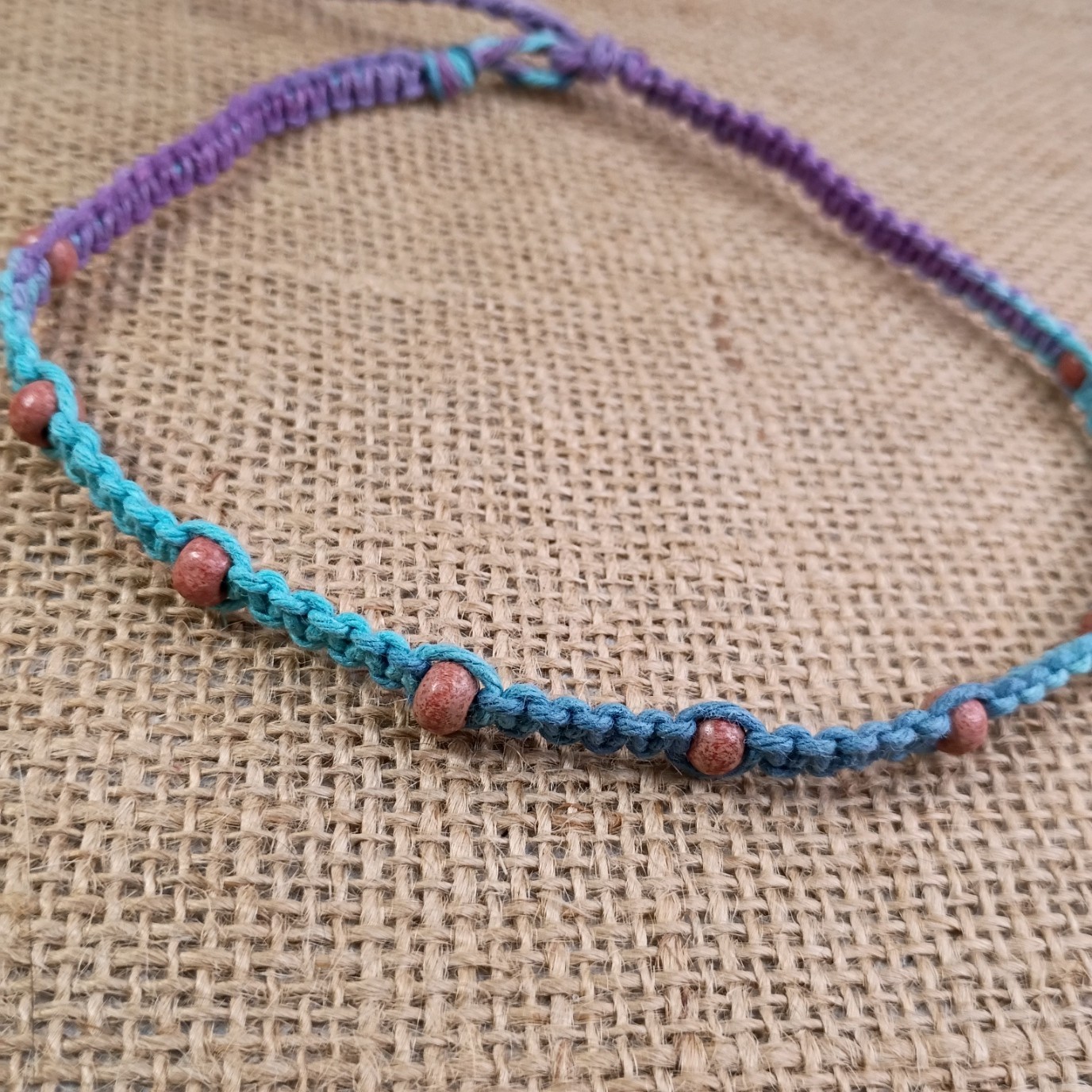 New Hemp Choker Necklace W/ Tiny Wood Beads 14-18 in Macrame Minimalist Handmade