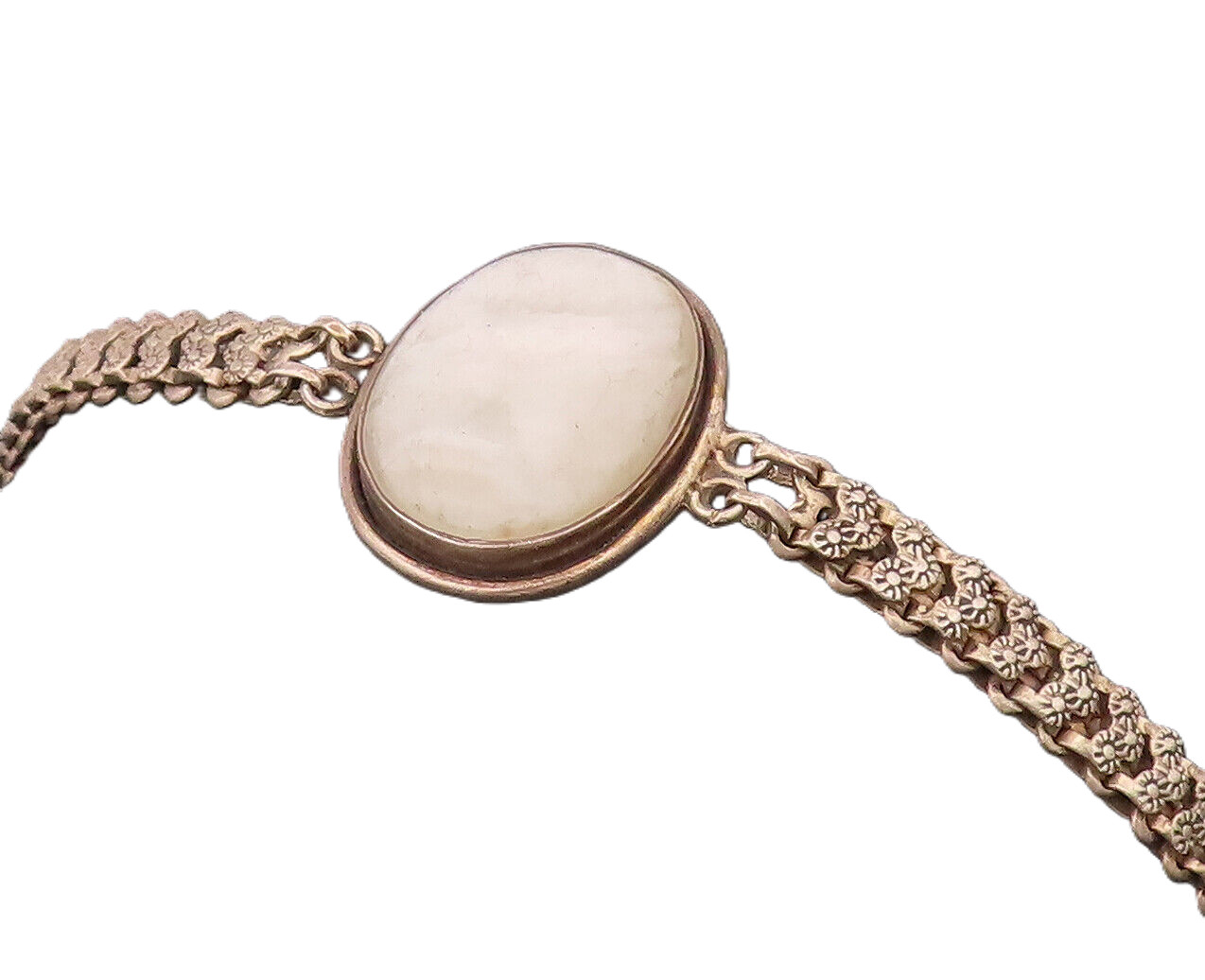 925 Sterling Silver Vintage Mother Of Pearl Carved Chain Belt Bracelet BT9931