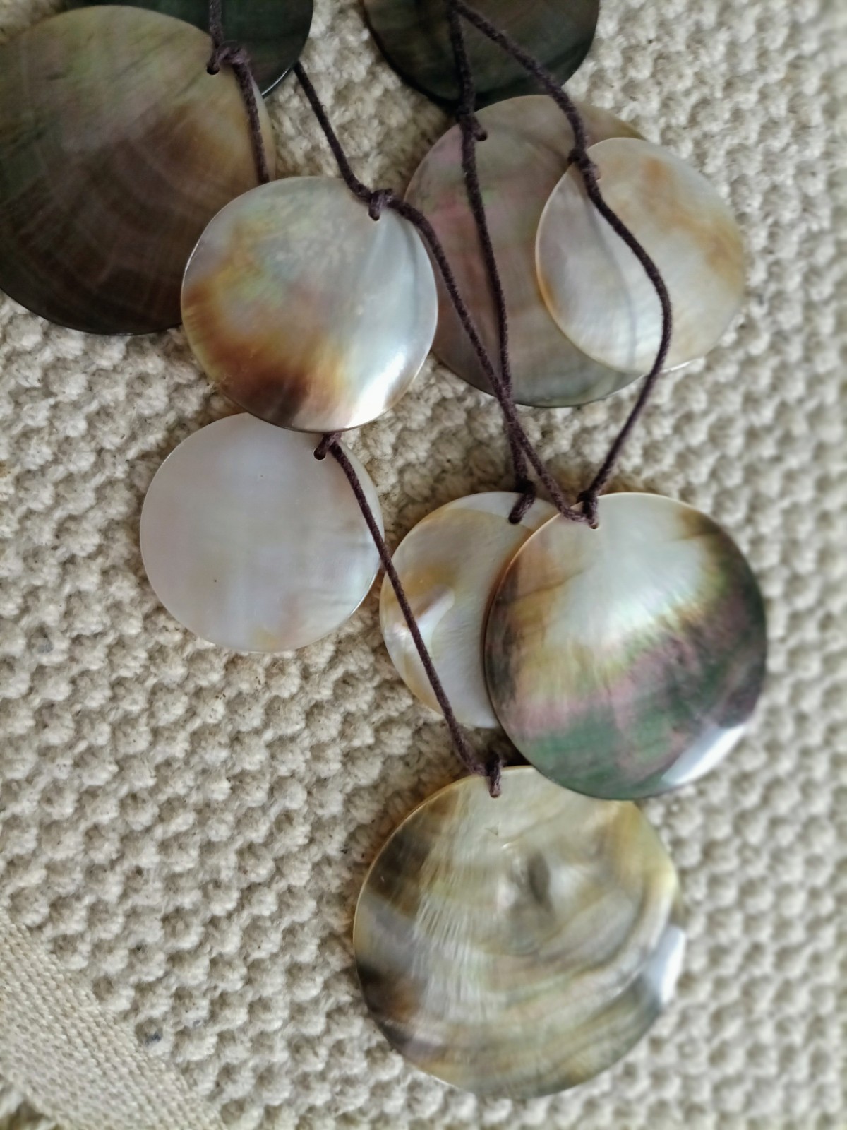 Shell Disc Cord Necklace w/ Round Charm Pendant, Button Hook Closure 17″ Long