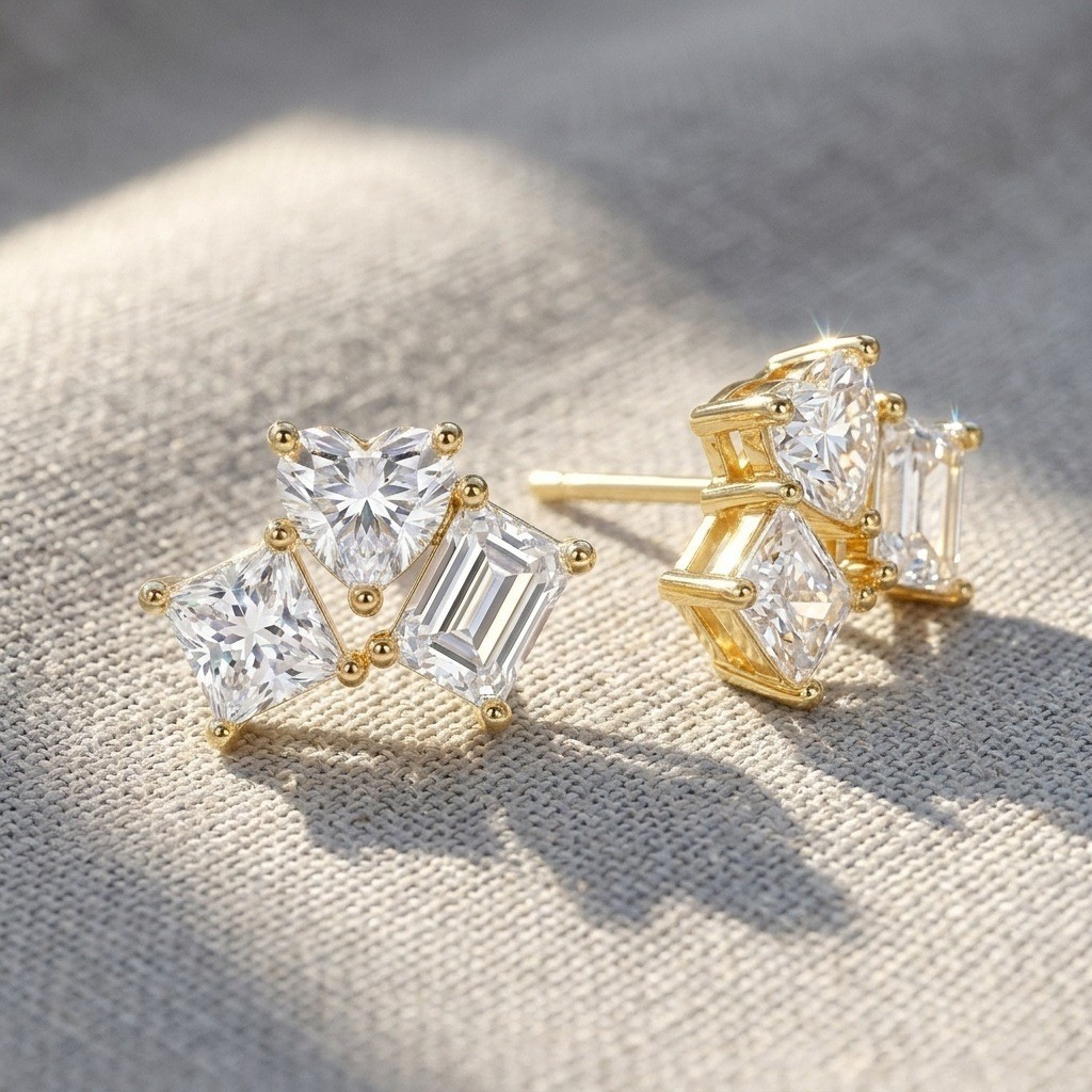 925 Sterling Silver Heart Pear Emerald Cut Moissanite Cluster Stud Earrings