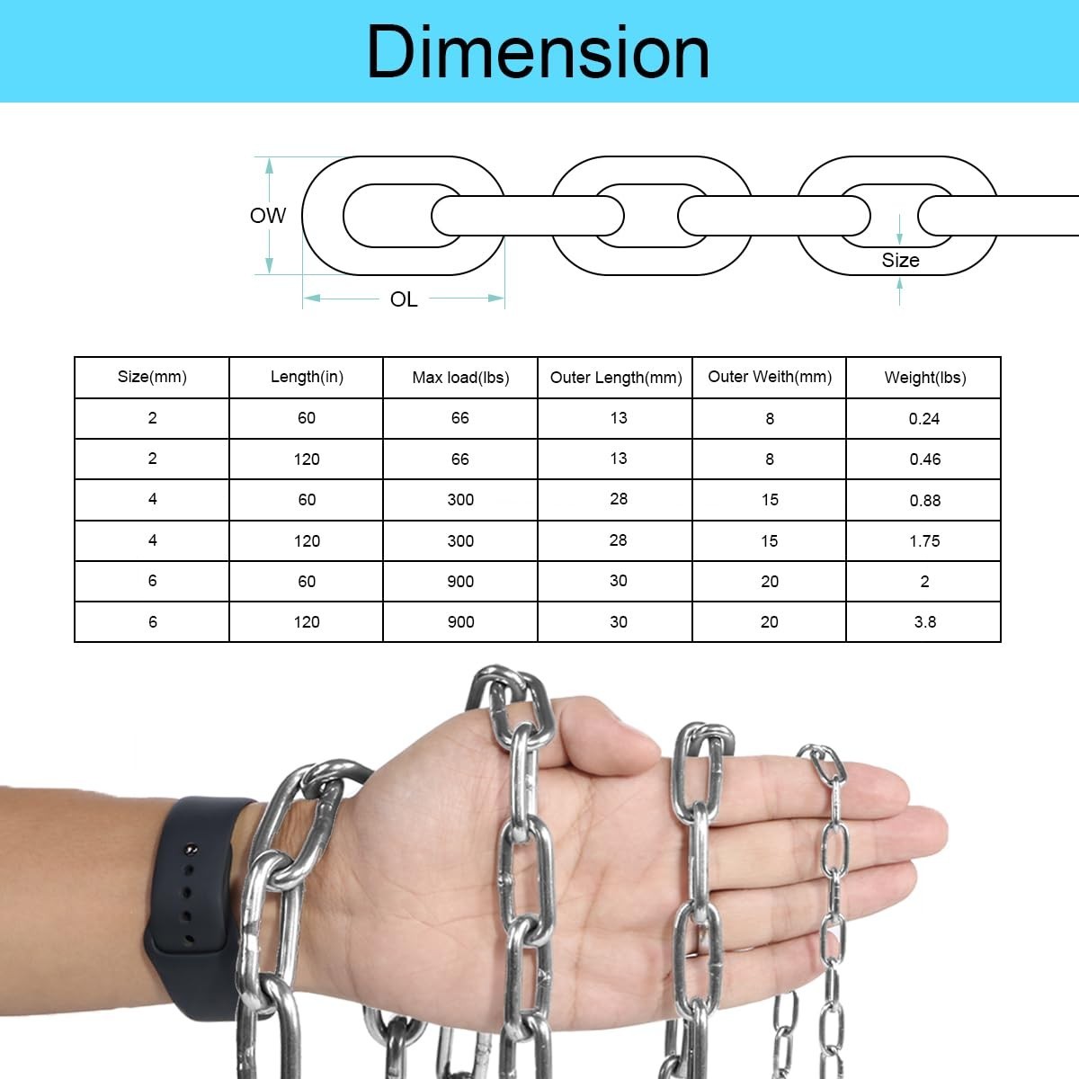 Weather-Resistant 304 Stainless Steel Chain – Optimal Strength 2mm/5ft Length