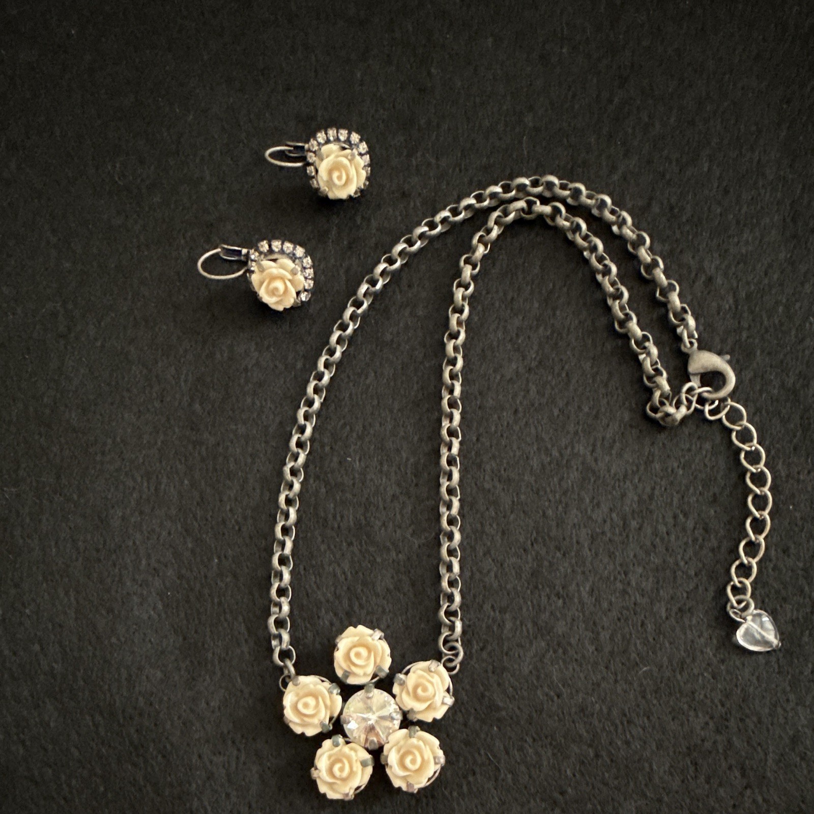 Sabika 2pc Set Necklace Earrings carved, cream-colored rose and center crystal