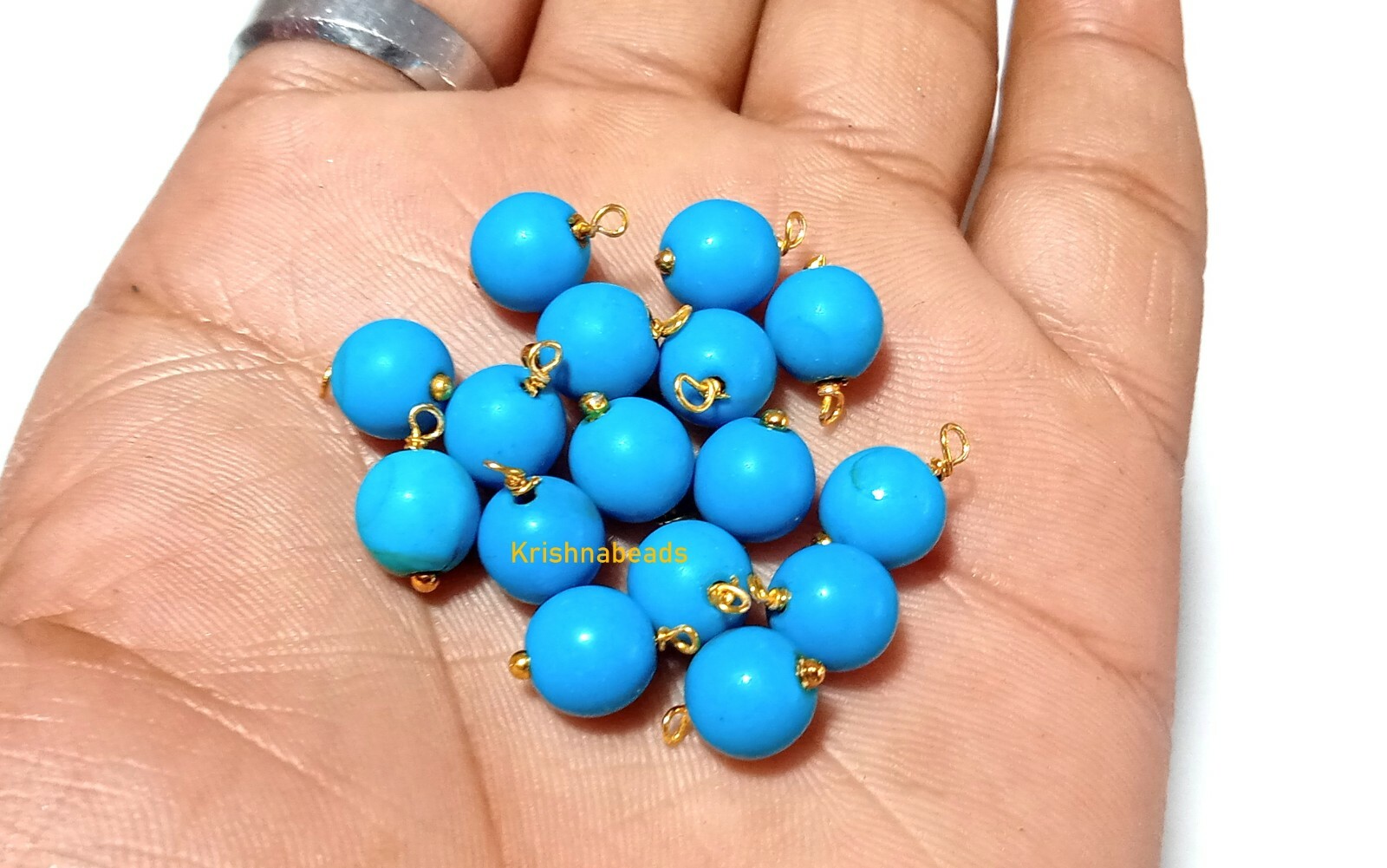 Sleeping Turquoise Round 8mm Gold Plated Wire Wrapped Beads 25 Pecs