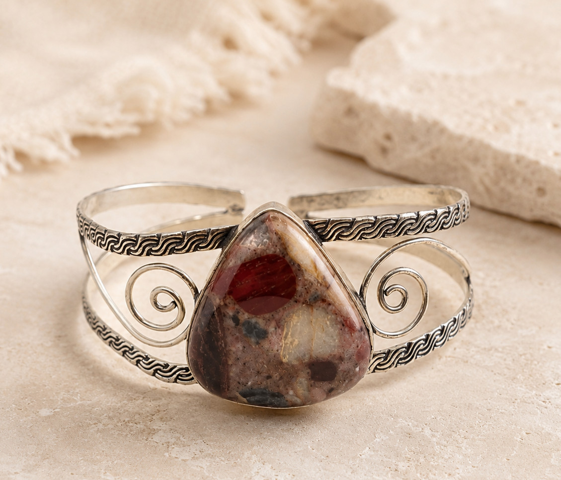 Natural Polychrome Jasper Teardrop Cuff Bracelet 8.25″ Silver Tone Boho