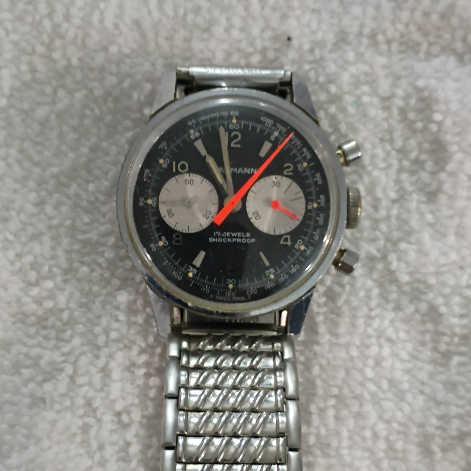 Wakmann Men’s Chronograph Tachymeter Shock-Resistant 17J Black Dial SS