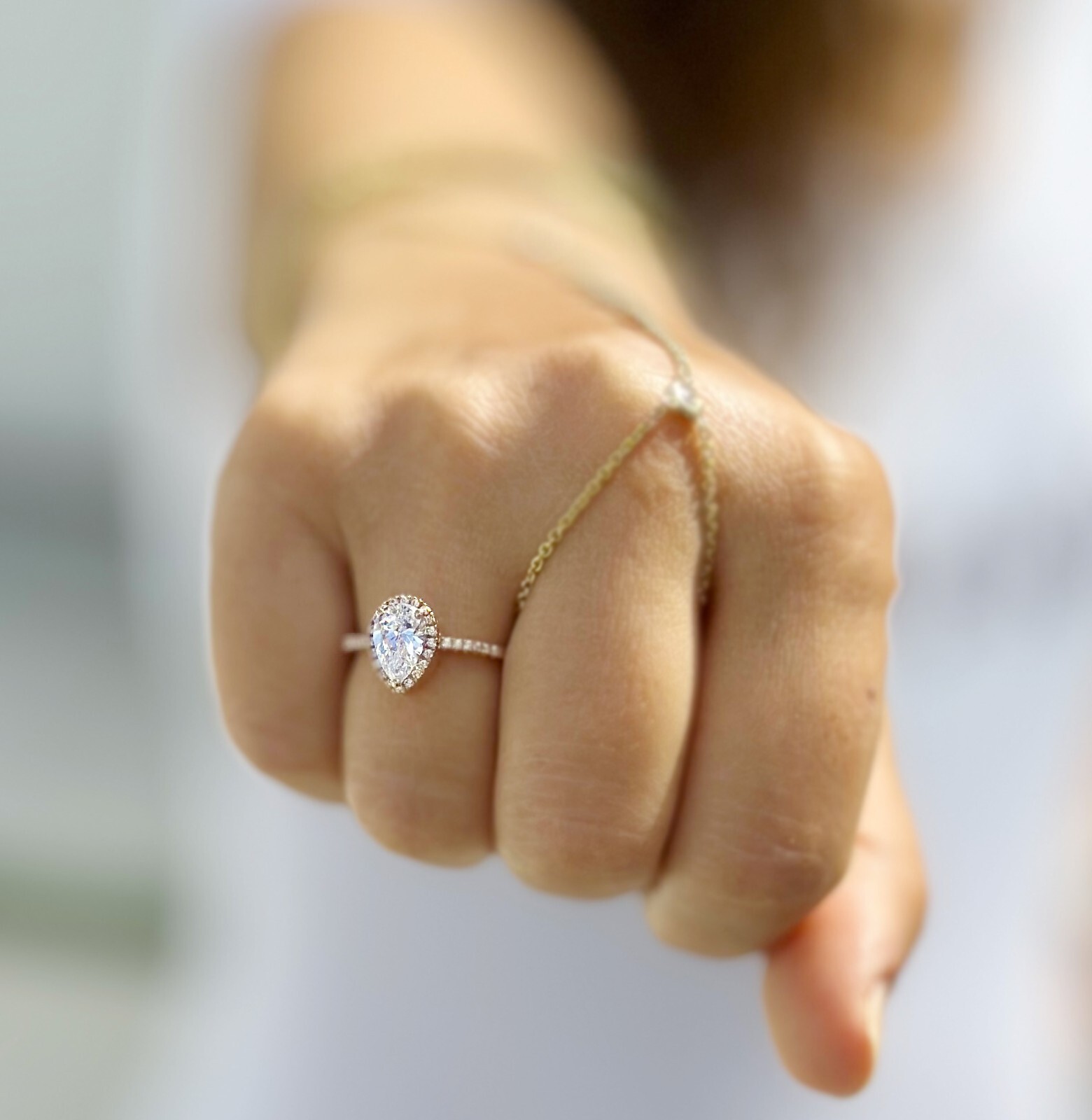 Pear Shape And Round Moissanite Engagement Ring Halo 14k Solid Rose Gold 1.70ctw
