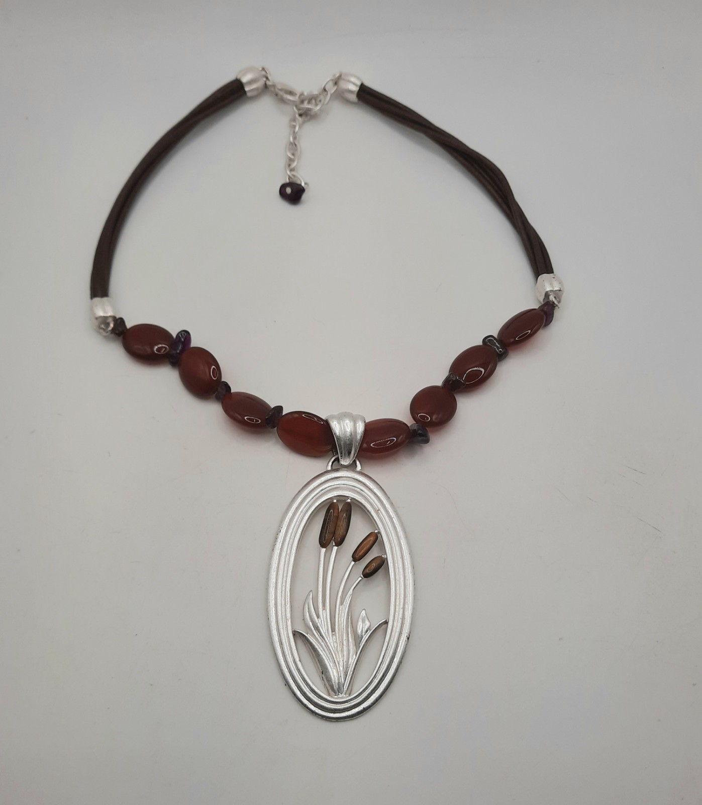 Cattail Pendant Necklace Tigers Eye Carnelian & Garnet Leather Cord 16-18.5″
