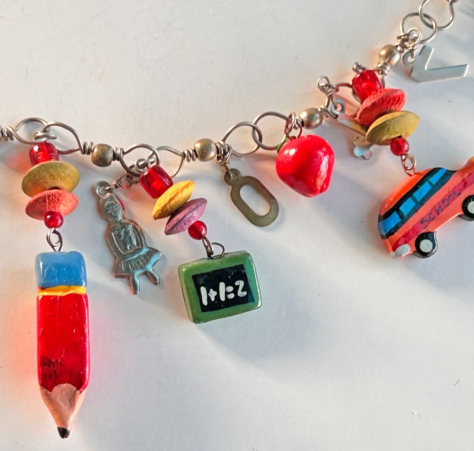Kitchy School Teacher Themed Charm Necklace Buses Pencils Books Numbers 31″ J10
