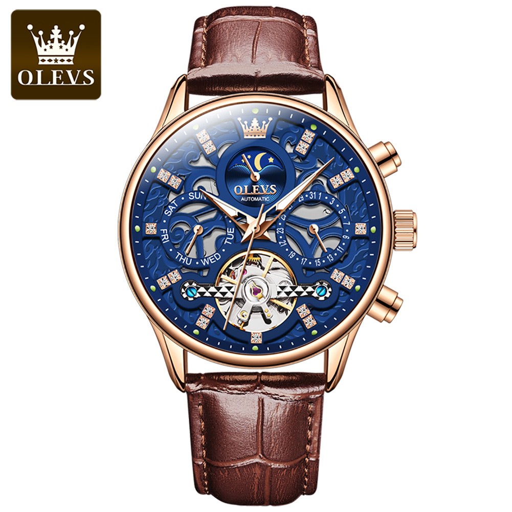 OLEVS Mechanical Watch Date/Week Moon Phase Blue Dial Tourbillon Men Wristwatch