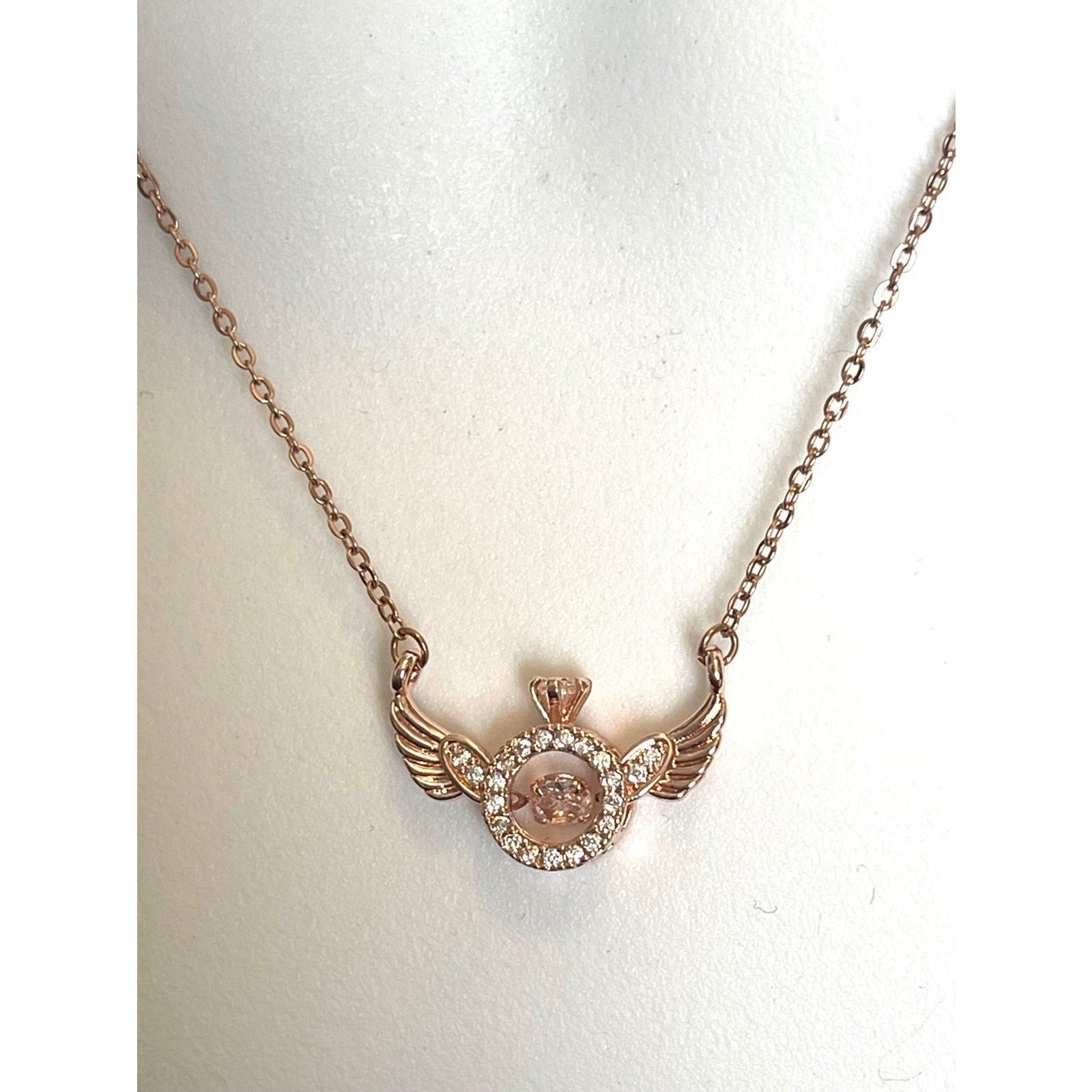 Rose Gold Over Stainless Angel Wing Trimbler Necklace, CZ’s Lobster Claw Clasp