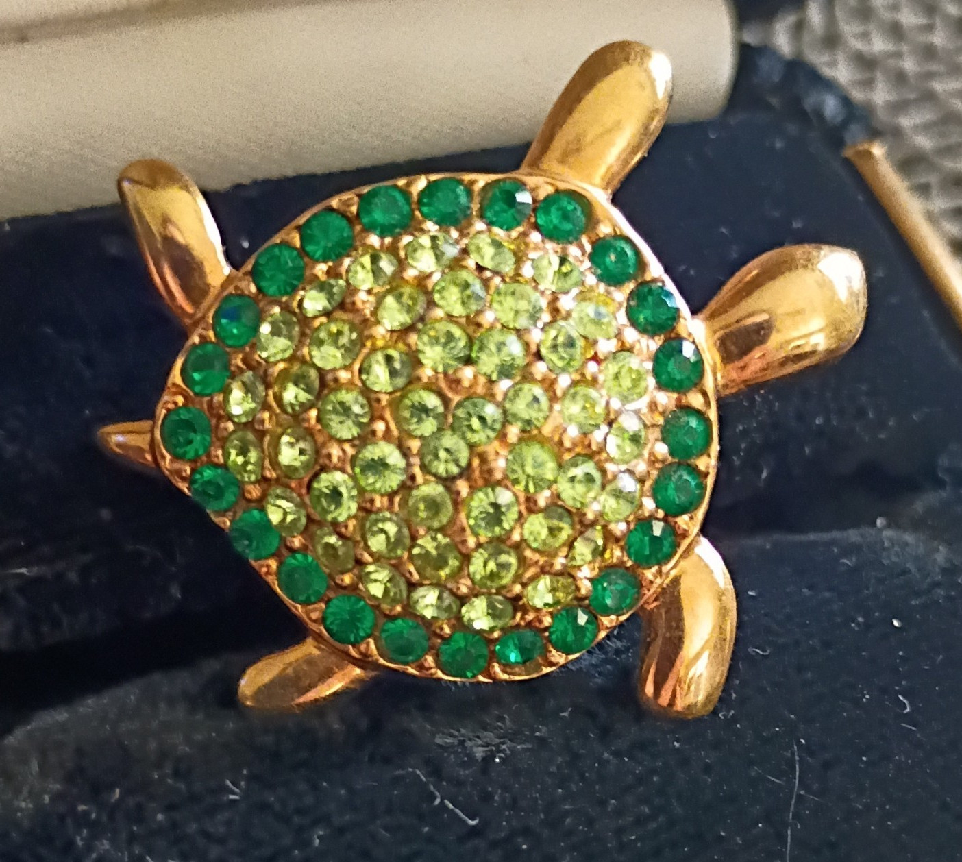 Gold Tone Turtle Brooch Pin Green Round Rhinestones Pavé Setting By Monet