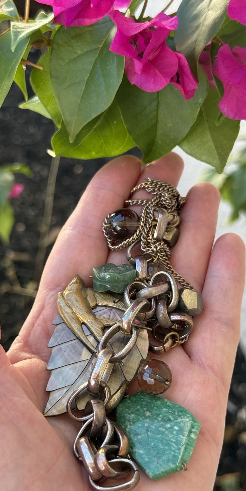 Artisan Boutique Mixed Media Antique Gold Plated Charm Necklace Very Cool!