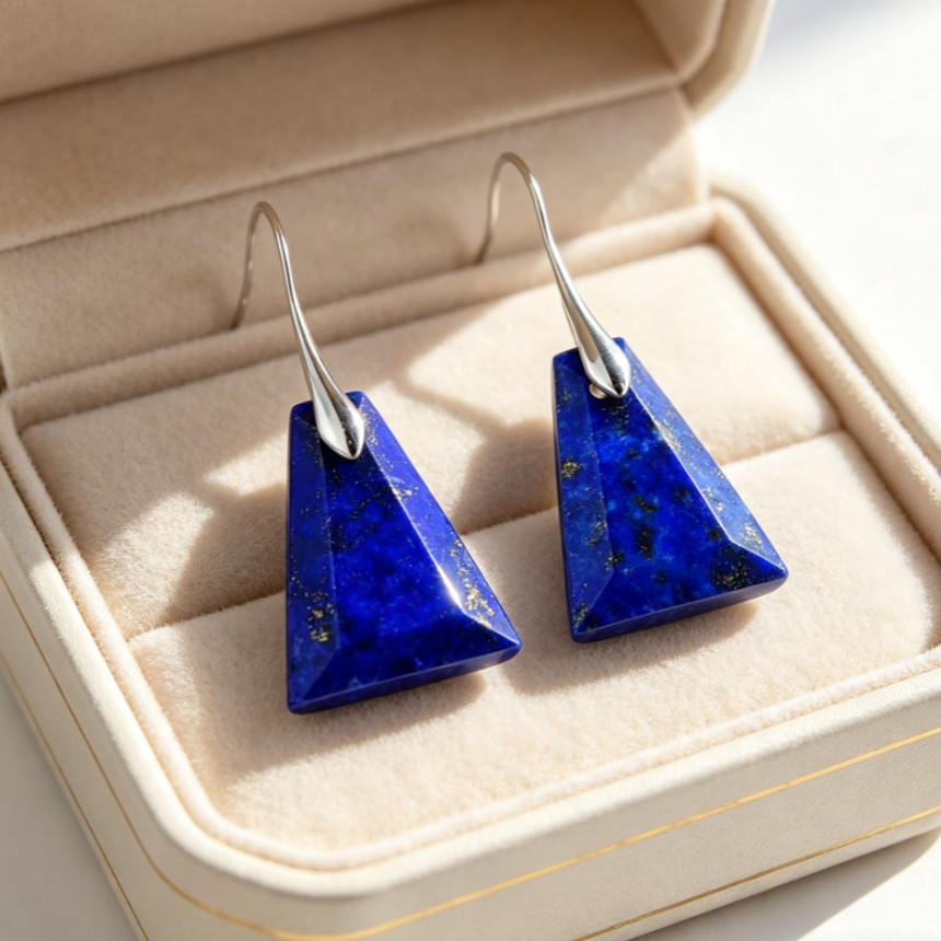 Lapis Lazuli Triangle Dangle Earrings Silver Hook Healing Crystal Drop Earring
