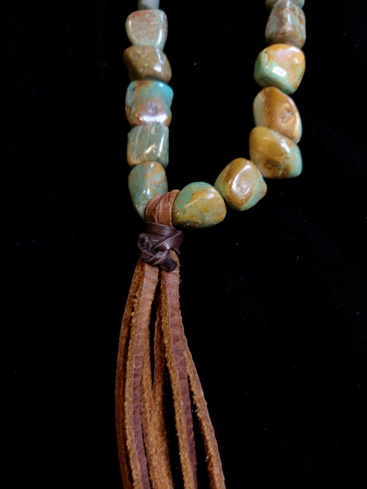 Stone Nugget Necklace Blue Green Brown Matrix Leather Tassel Rustic Boho Long