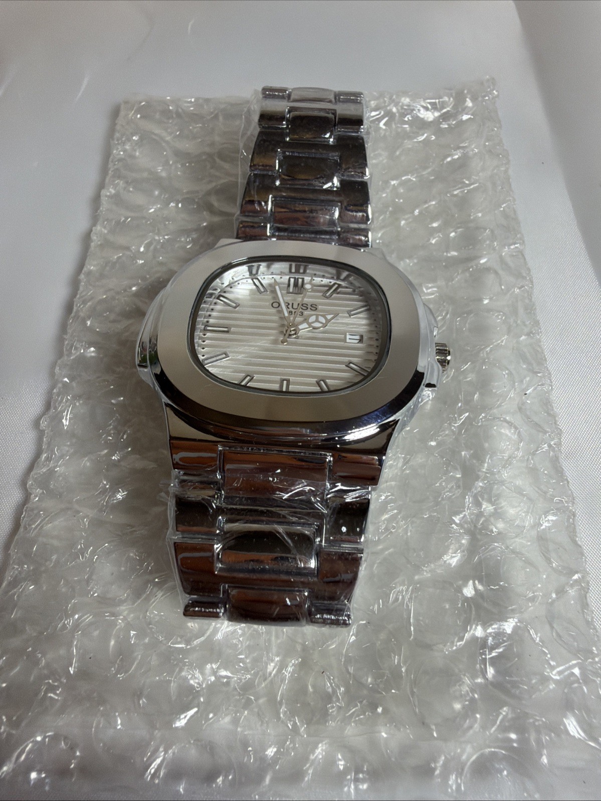 ORUSS Men’s Silver Analog Wristwatch Metal Band Date White Dial Dress/Formal New