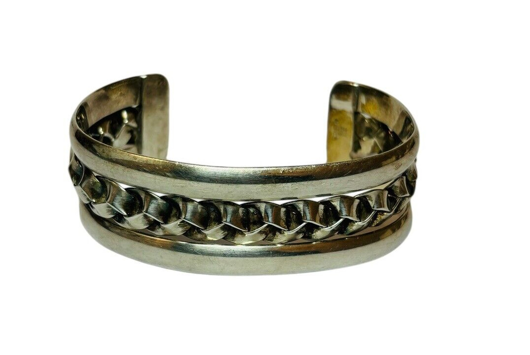 ATI Sterling 925 Silver Braided Inset Cuff Bracelet 6.5 in