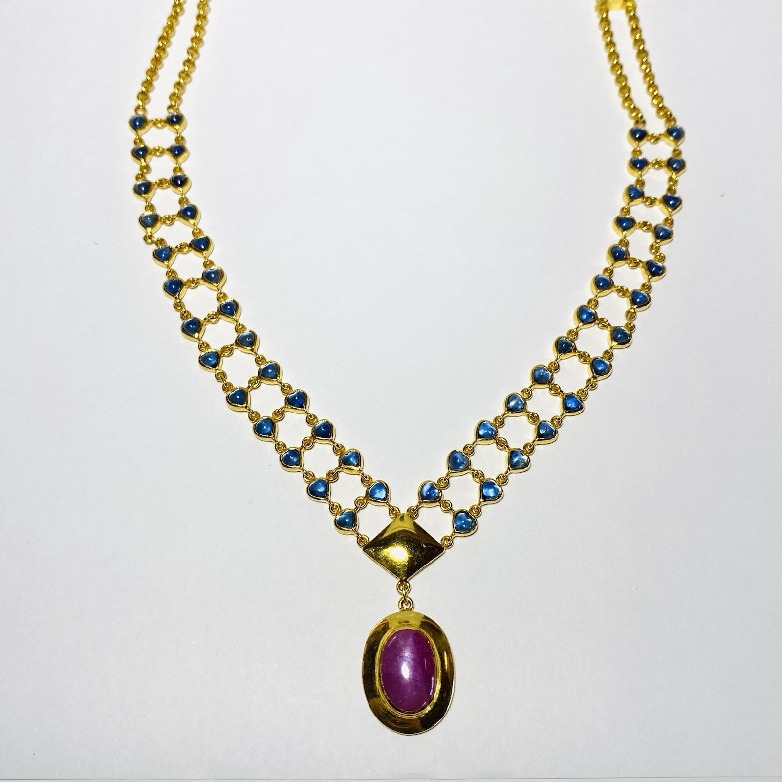22K Yellow Gold 4.39ct Star Ruby Pendant 9.88ctw Sapphire 18″ Necklace 36.3g