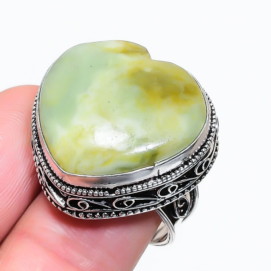 Green jade Heart Shape Gemstone Ring Handmade Vintage Adjustable Jewelry VR 2872