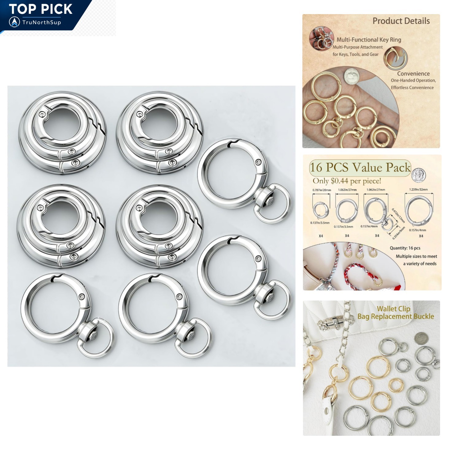 16PCS Metal Spring O Ring Set Assorted Sizes Silver Zinc Carabiner Keychain C…
