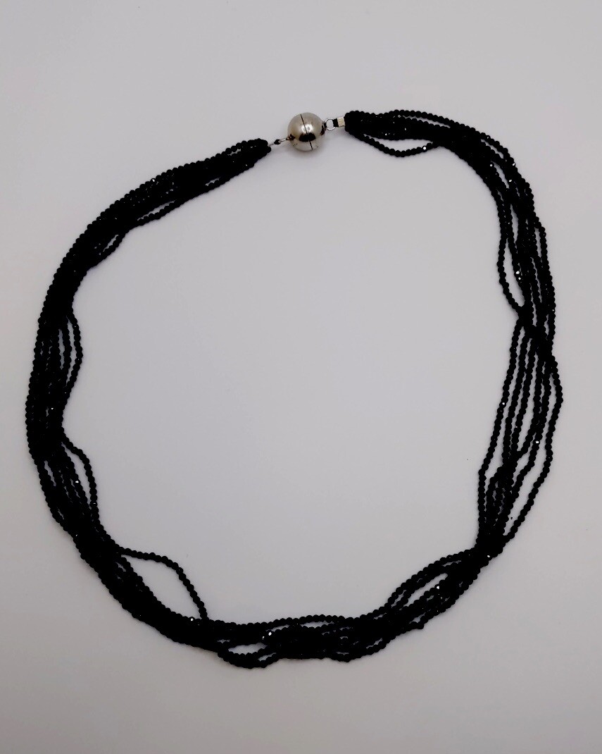 Sterling Silver Black Spinel Faceted Bead Six Strand 18″ Necklace Sparkly Fun